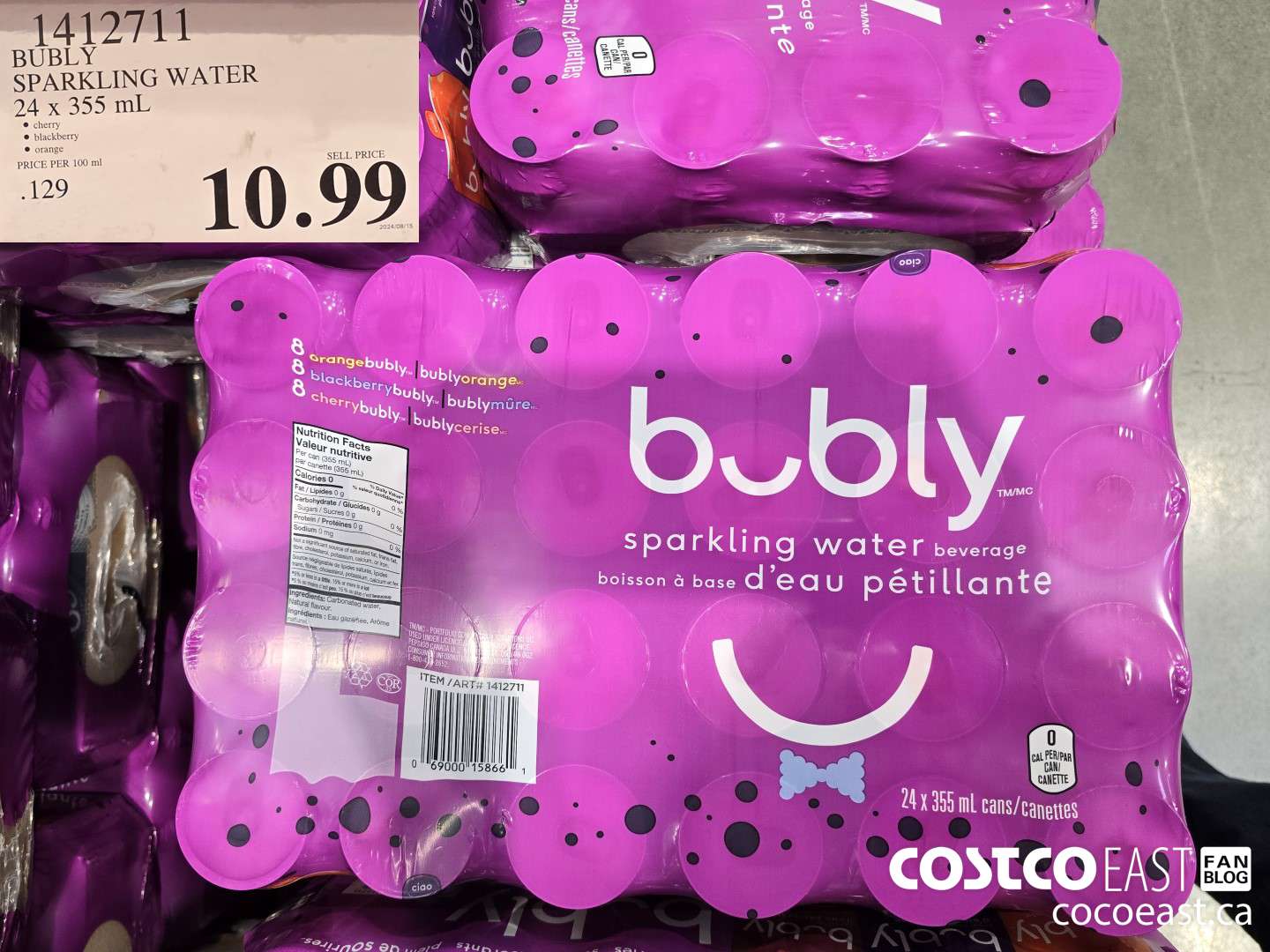 1412711 BUBLY SPARKLING WATER 24 X 355 ML $10.99