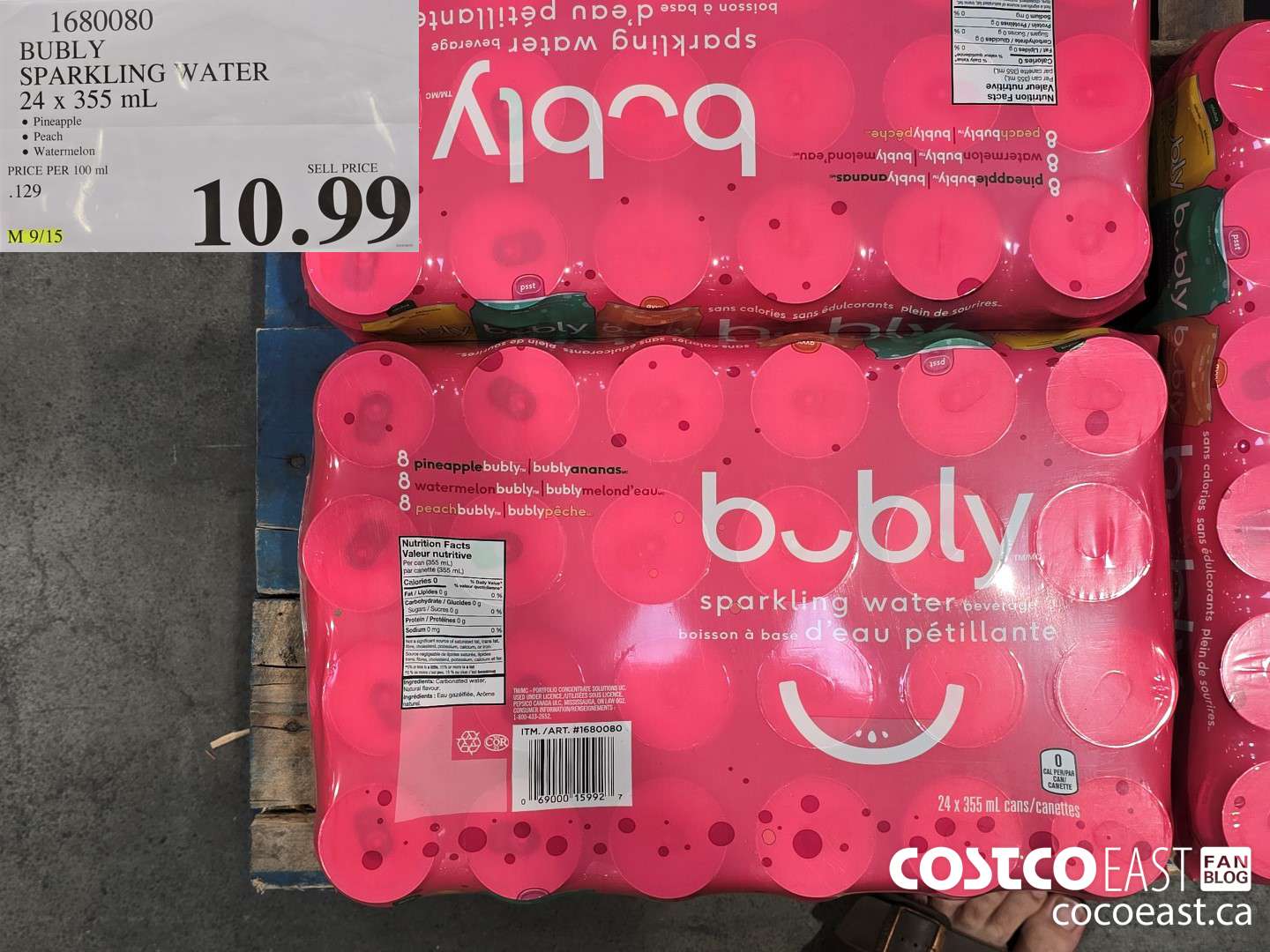 1680080 BUBLY SPARKLING WATER 24 x 355 mL $10.99