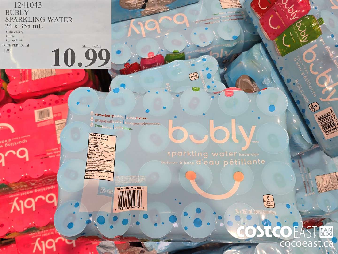 1241043 BUBLY SPARKLING WATER 24 x 355 mL $10.99