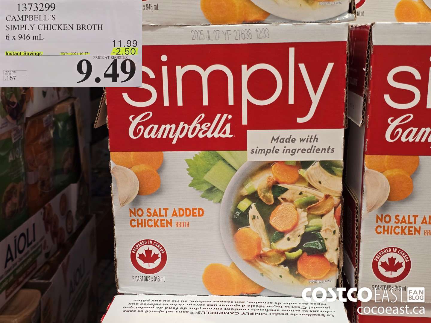 1373299 CAMPBELL'S SIMPLY CHICKEN BROTH 6 x 946 mL ($2.50 INSTANT SAVINGS EXPIRES ON 2024-10-27) $9.49