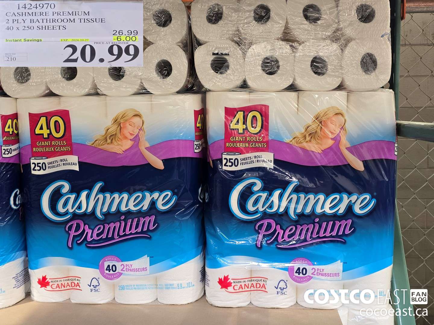 1424970 CASHMERE PREMIUM 2 PLY BATHROOM TISSUE 40 x 250 sheets ($6.00 INSTANT SAVINGS EXPIRES ON 2024-10-27) $20.99