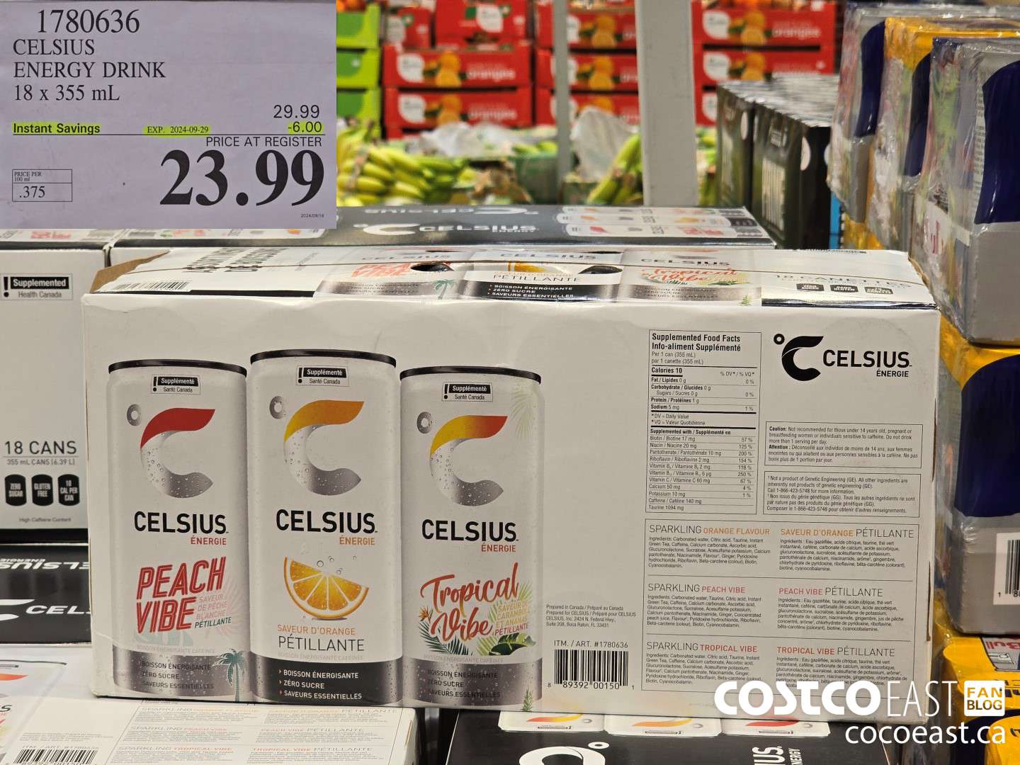 1780636 CELSIUS ENERGY DRINK 18 X 355 ML ($6.00 INSTANT SAVINGS EXPIRES ON 2024-09-29) $23.99