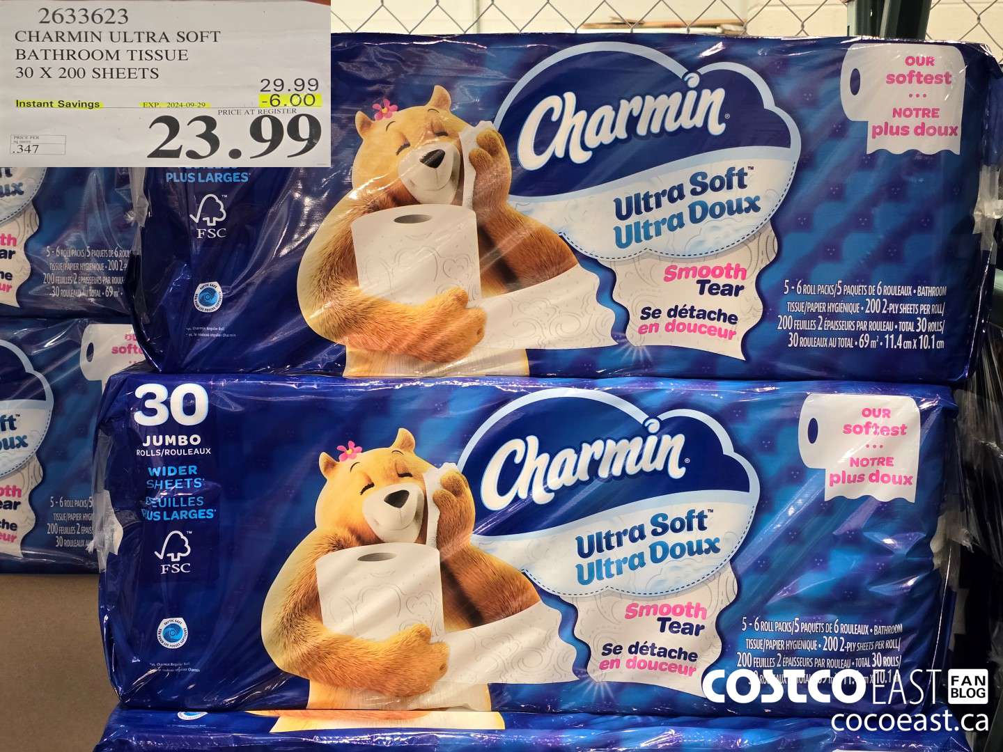 2633623 CHARMIN ULTRA SOFT BATHROOM TISSUE 30 X 200 SHEETS ($6.00 INSTANT SAVINGS EXPIRES ON 2024-09-29) $23.99