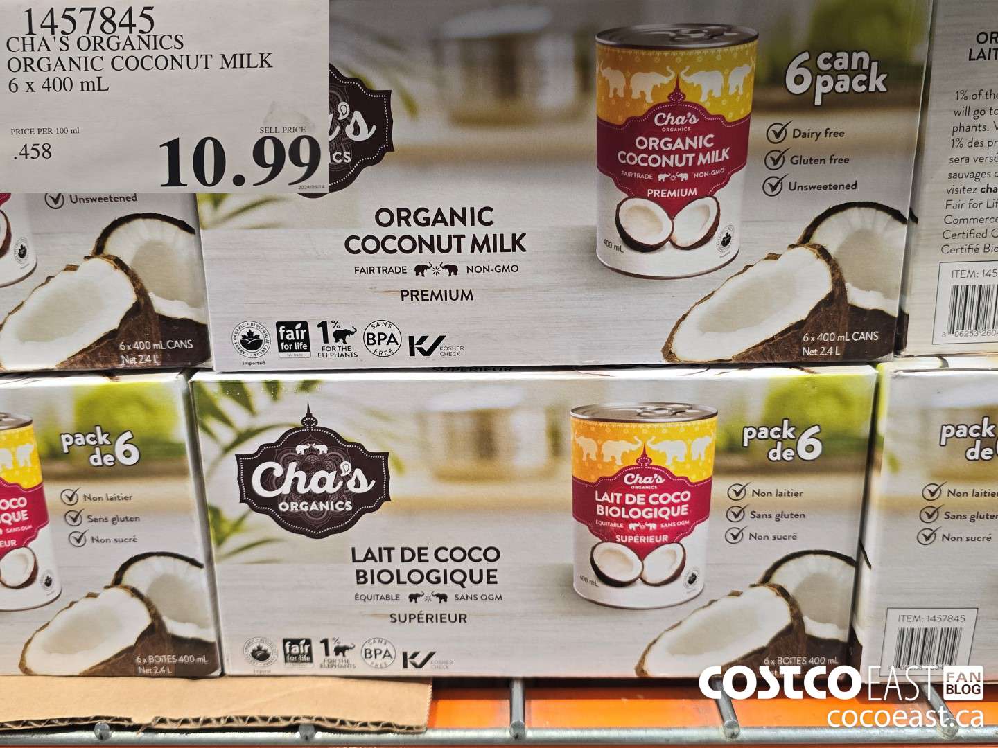 1457845 CHA'S ORGANICS ORGANIC COCONUT MILK 6 x 400 ml $10.99