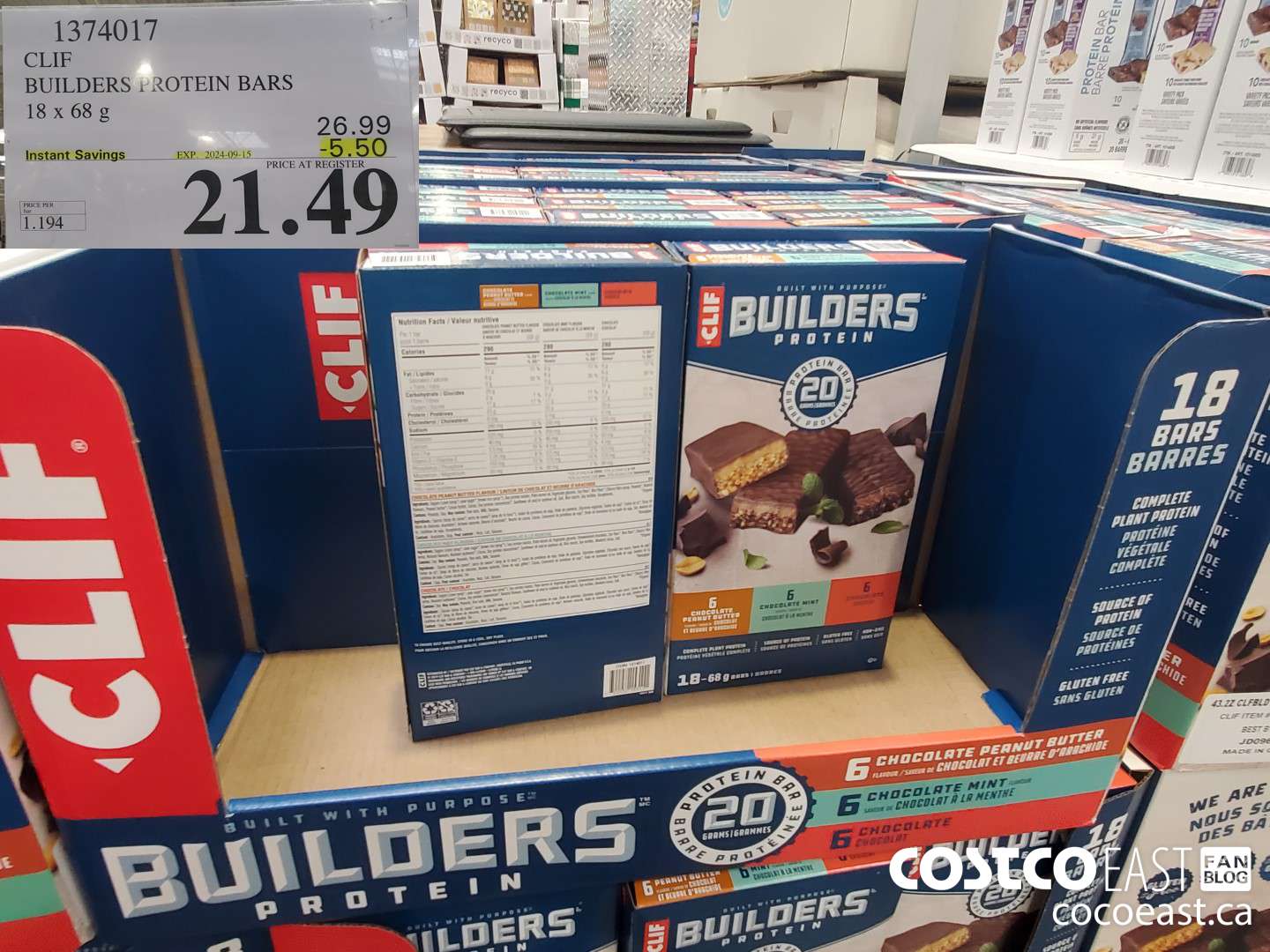 1374017 CLIF BUILDERS PROTEIN BARS 18 X 68 G ($5.50 INSTANT SAVINGS EXPIRES ON 2024-09-15) $21.49