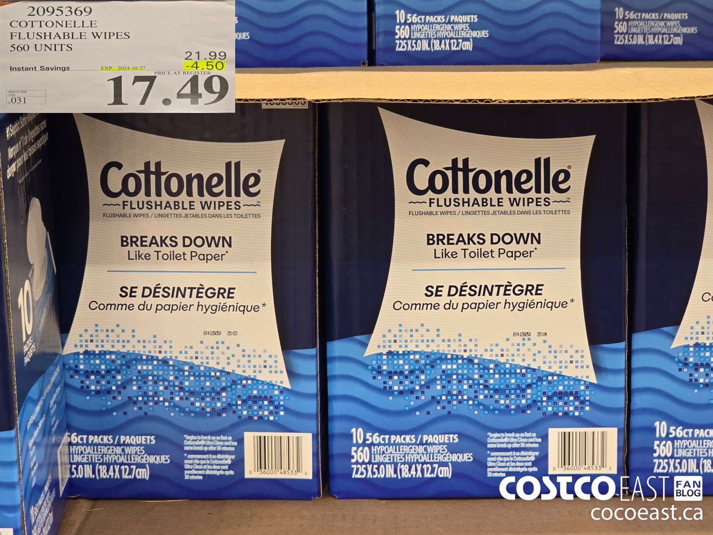 2095369 COTTONELLE FLUSHABLE WIPES 560 units 204-10-27 ($4.50 INSTANT SAVINGS) $17.49