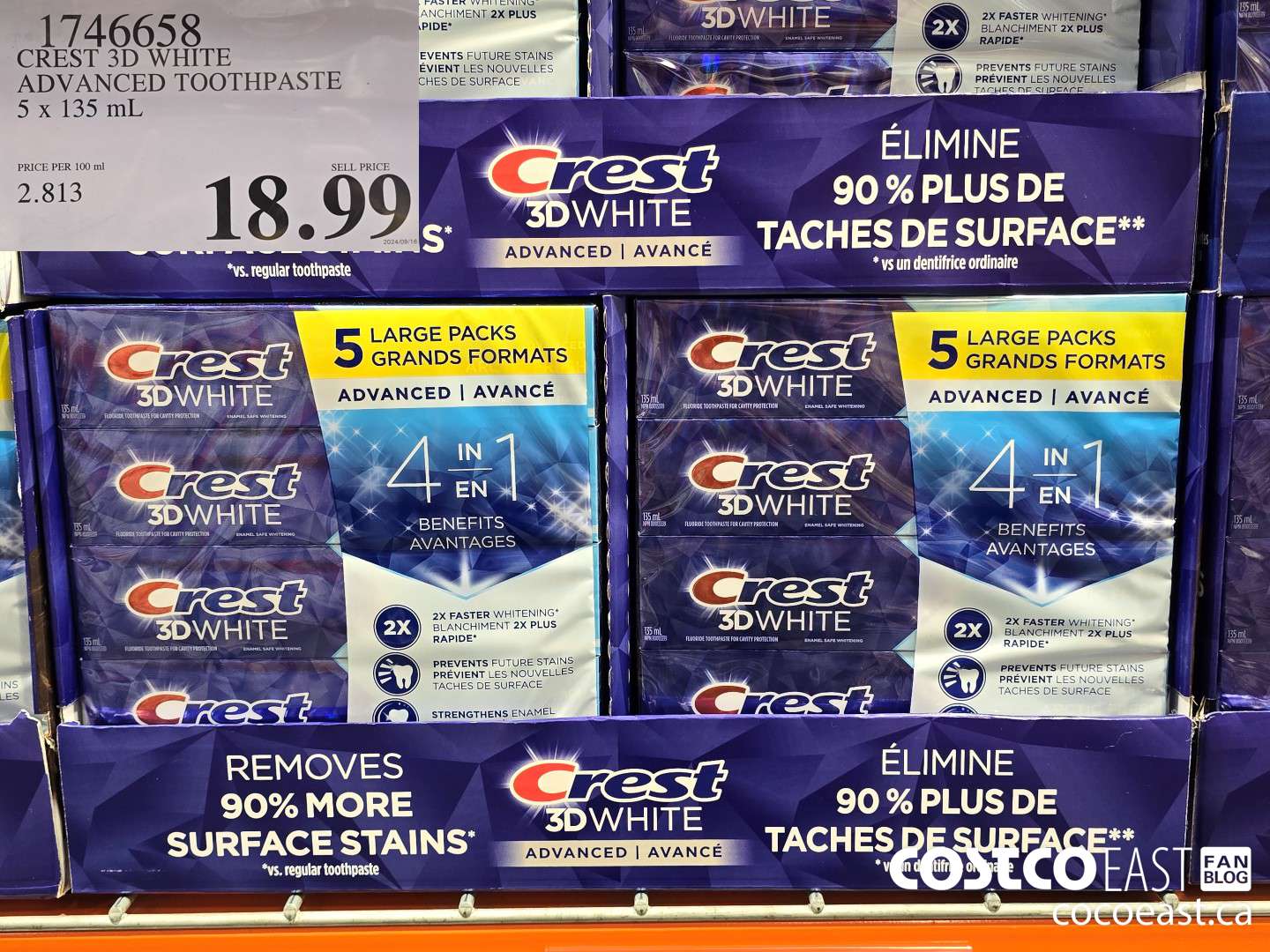 1746658 CREST 3D WHITE ADVANCED TOOTHPASTE 5 X 135 ML $18.99