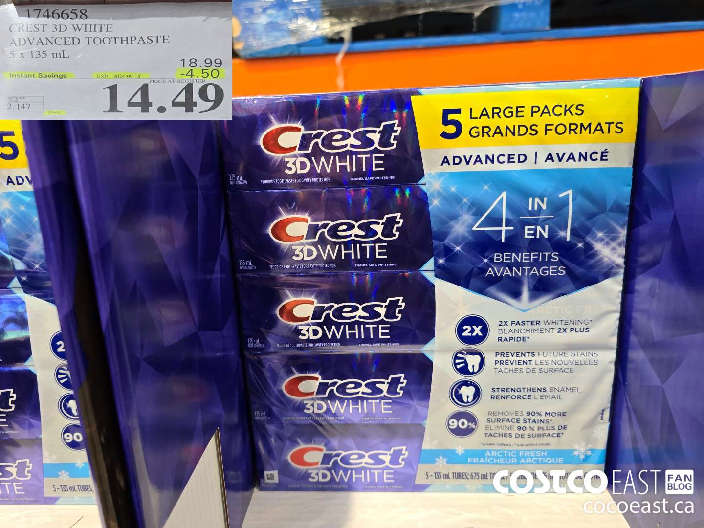 1746658 CREST 3D WHITE ADVANCED TOOTHPASTE 5 x 135 mL ($4.50 INSTANT SAVINGS EXPIRES ON 2024-09-15) $14.49
