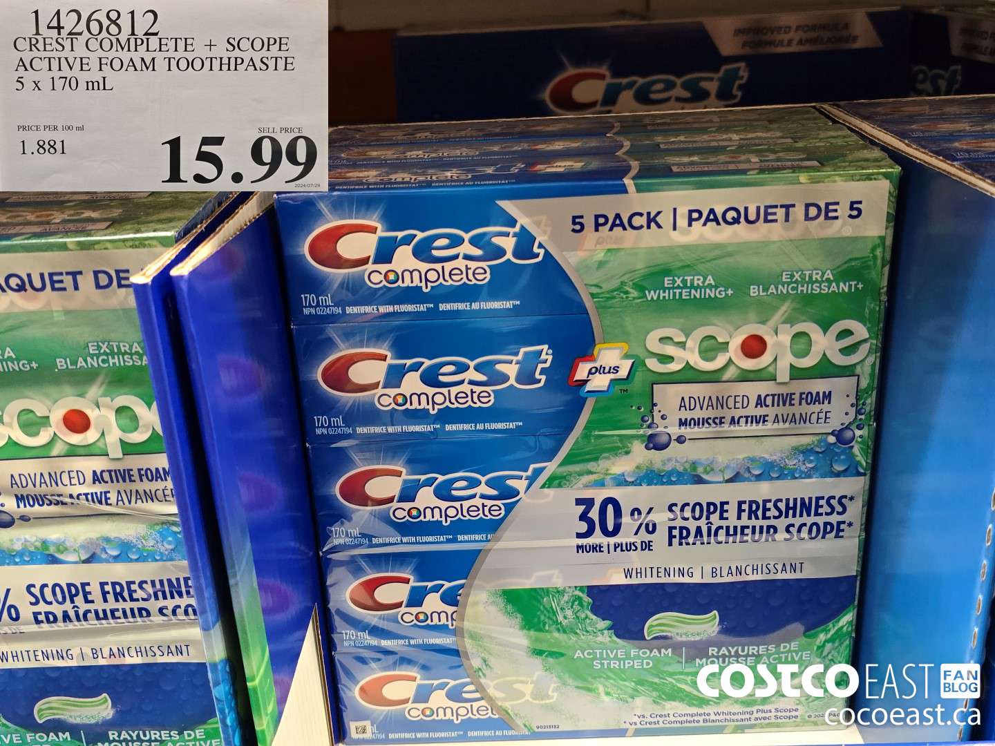 1426812 CREST COMPLETE + SCOPE ACTIVE FOAM TOOTHPASTE 5 X 170 ML $15.99