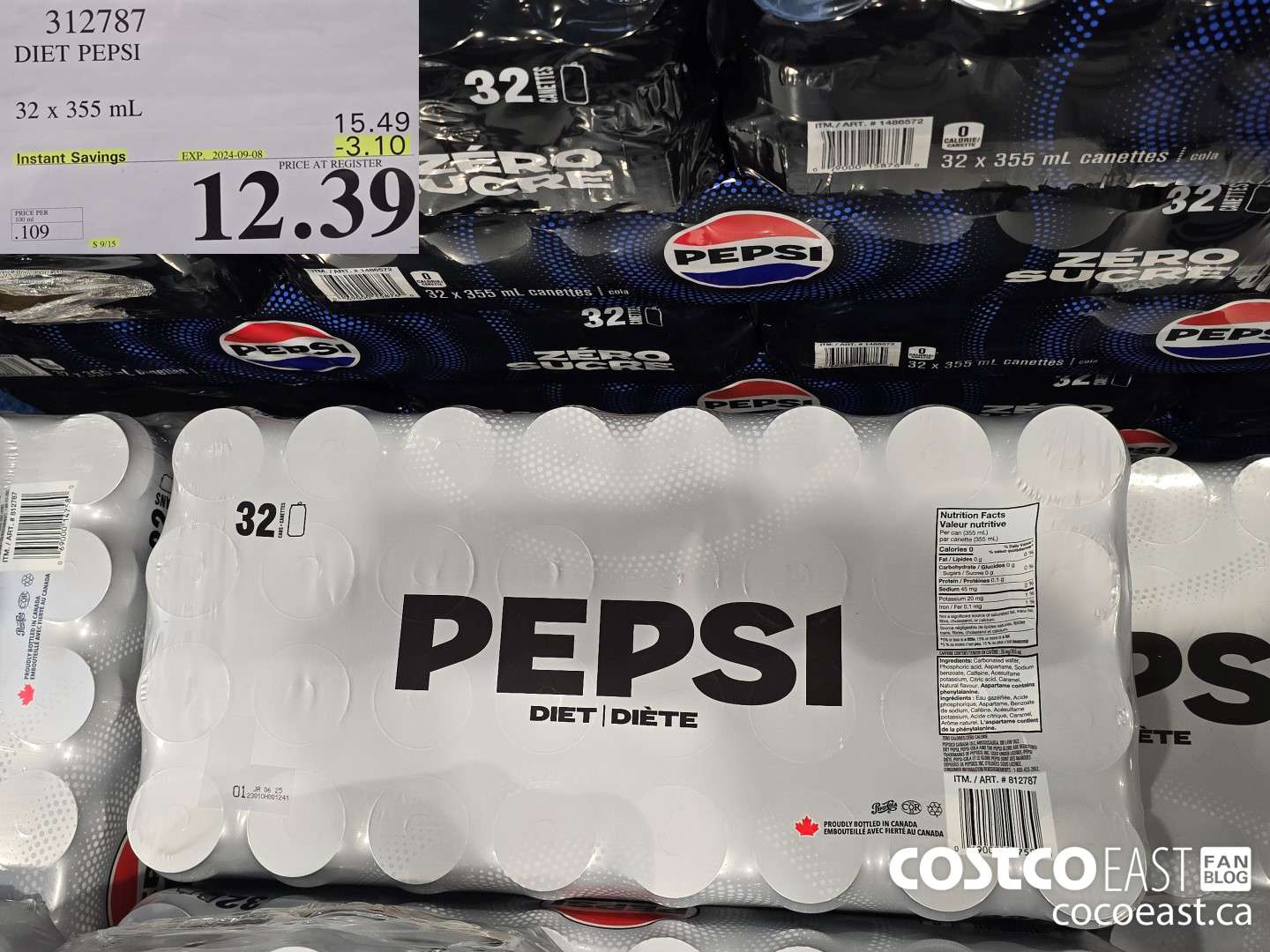 312787 DIET PEPSI 32 X 355 ML ($3.10 INSTANT SAVINGS EXPIRES ON 2024-09-08) $12.39