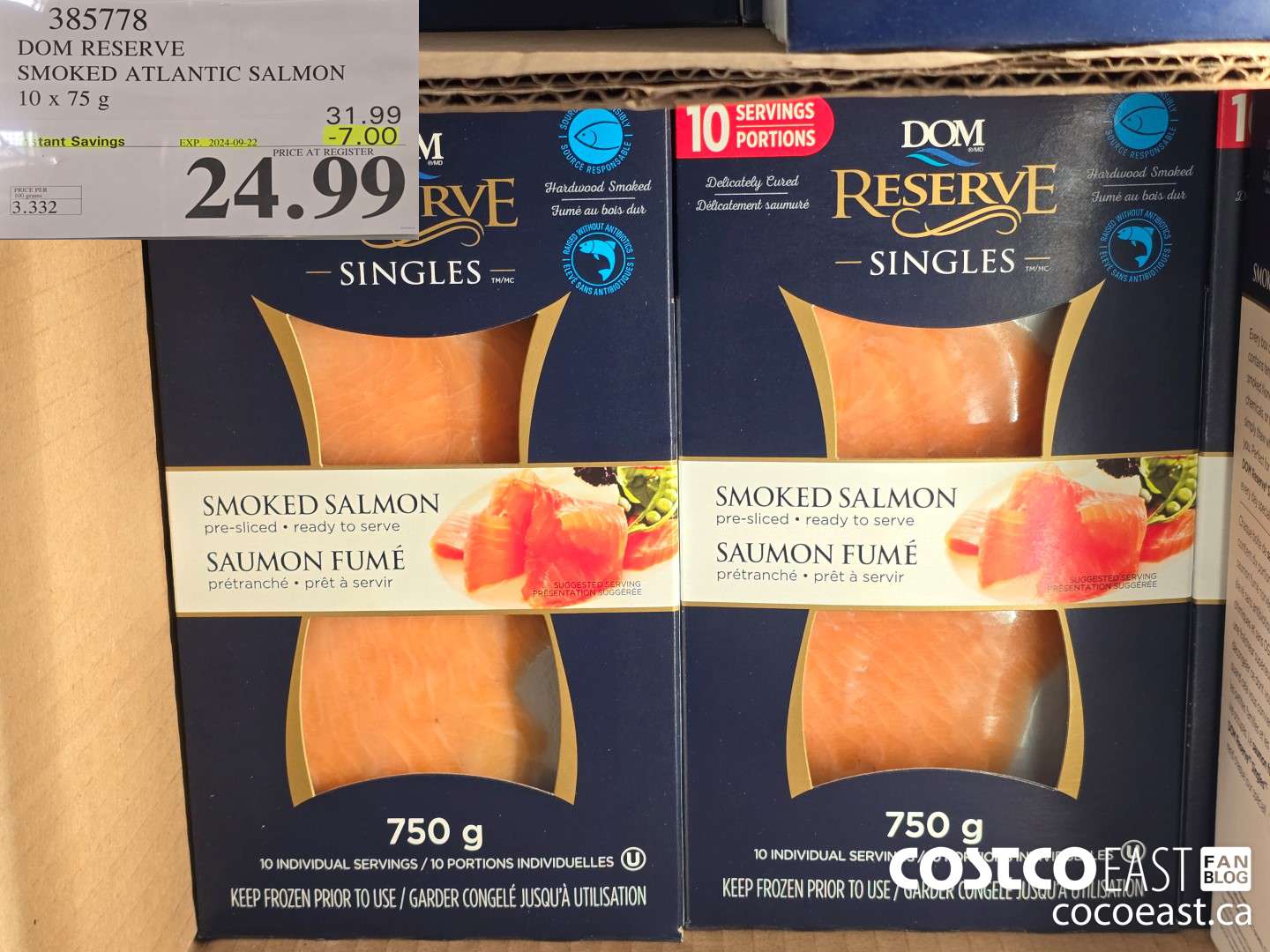 385778 DOM RESERVE SMOKED ATLANTIC SALMON 10 x 75 g ($7.00 INSTANT SAVINGS EXPIRES ON 2024-09-22) $24.99