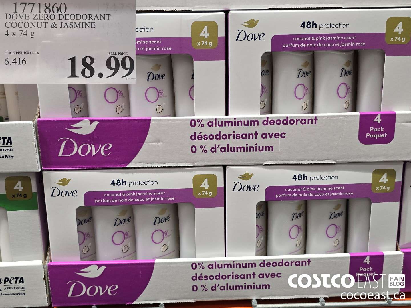 1771860 DOVE ZERO DEODORANT COCONUT & JASMINE 4 X 74 G $18.99