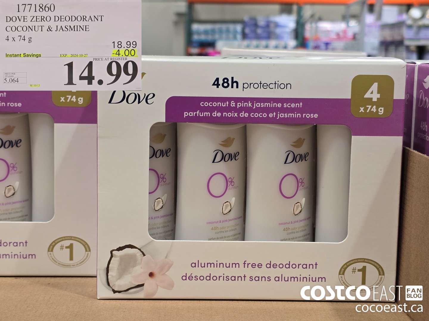 1771860 DOVE ZERO DEODORANT COCONUT & JASMINE 4 X 74 G ($4.00 INSTANT SAVINGS EXPIRES ON 2024-10-27) $14.99