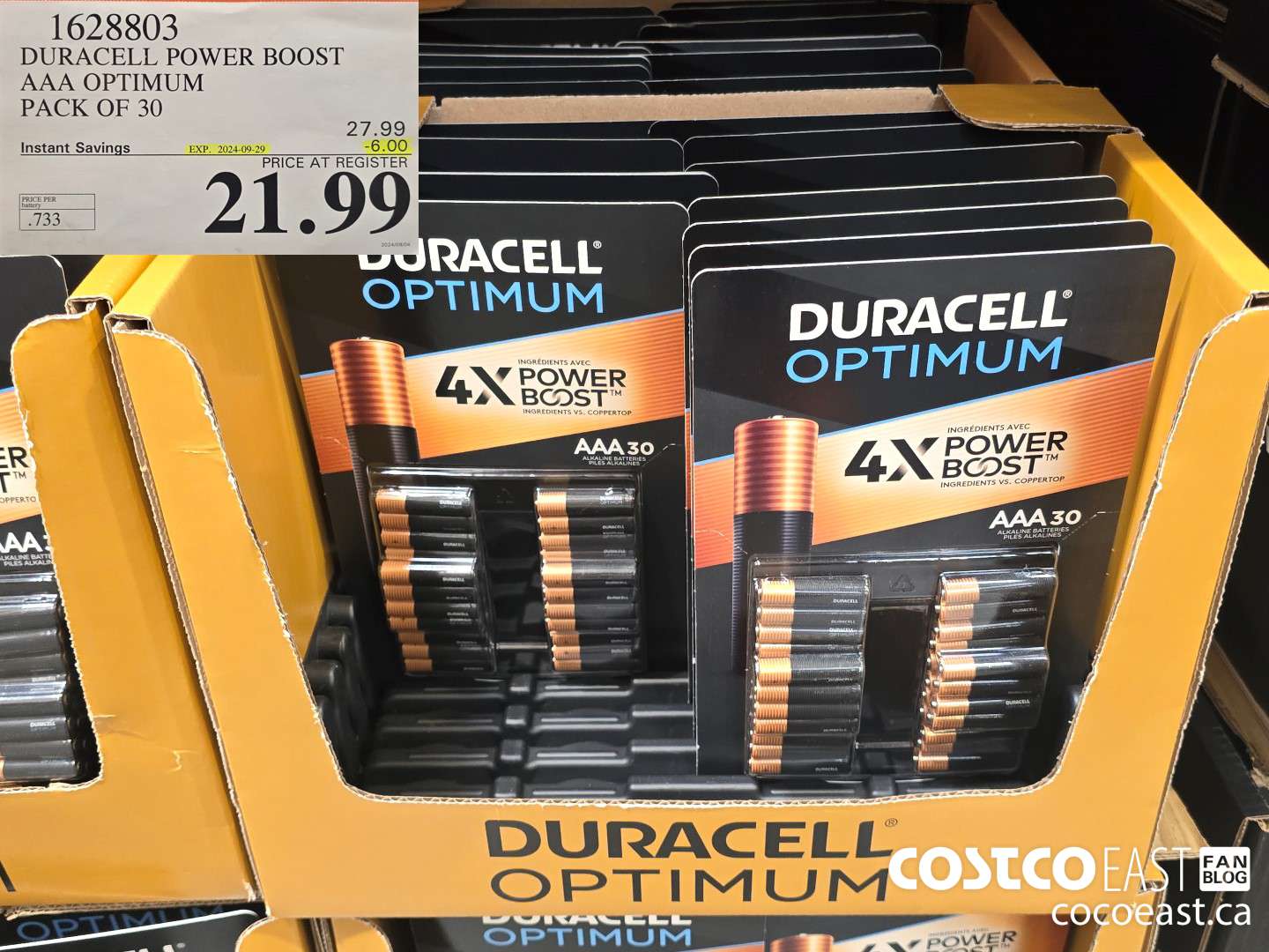 1628803 DURACELL POWER BOOST AAA OPTIMUM PACK OF 30 ($6.00 INSTANT SAVINGS EXPIRES ON 2024-09-29) $21.99
