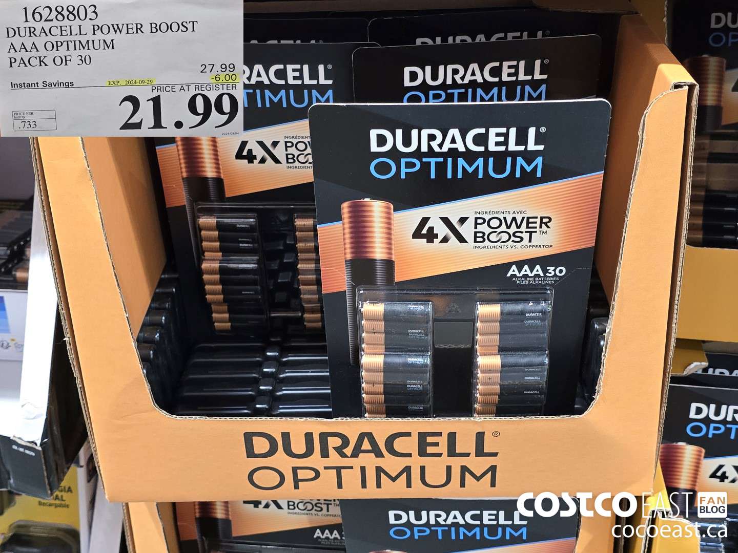 1628803 DURACELL POWER BOOST AAA OPTIMUM PACK OF 30 ($6.00 INSTANT SAVINGS EXPIRES ON 2024-09-29) $21.99
