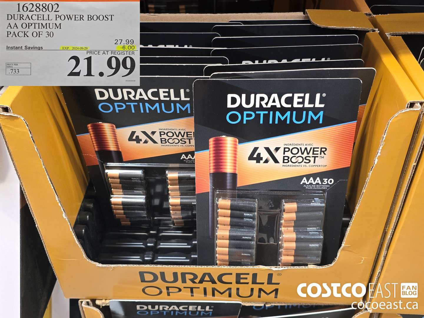 1628802 DURACELL POWER BOOST AA OPTIMUM PACK OF 30 ($6.00 INSTANT SAVINGS EXPIRES ON 2024-09-29) $21.99