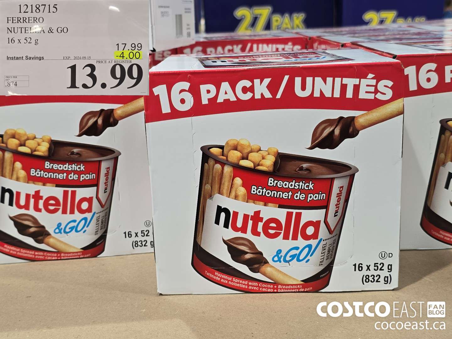 1218715 FERRERO NUTELLA & GO 16 x 52 G ($4.00 INSTANT SAVINGS EXPIRES ON 2024-09-15) $13.99