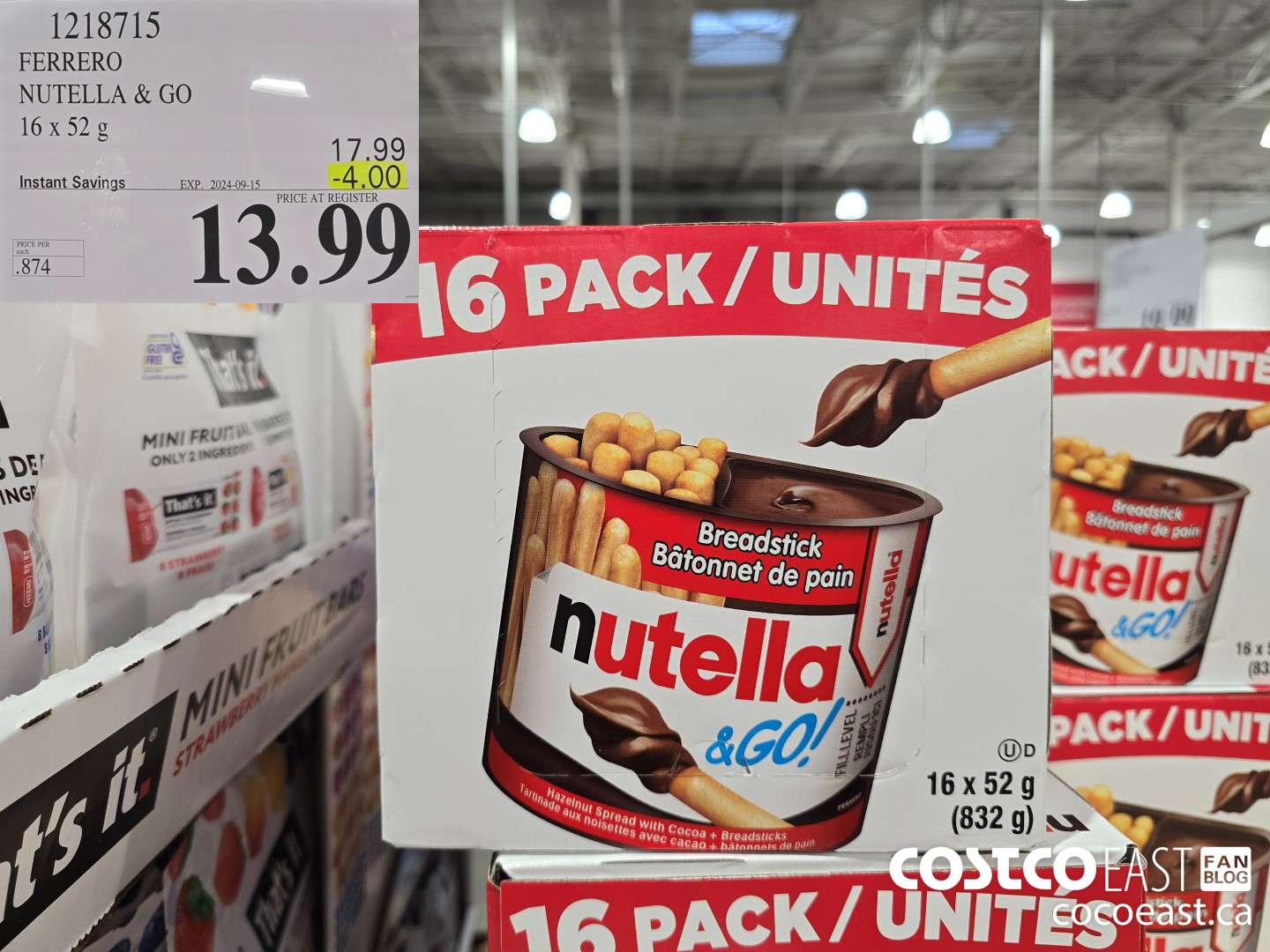 1218715 FERRERO NUTELLA & GO 16 x 52 G ($4.00 INSTANT SAVINGS EXPIRES ON 2024-09-15) $13.99