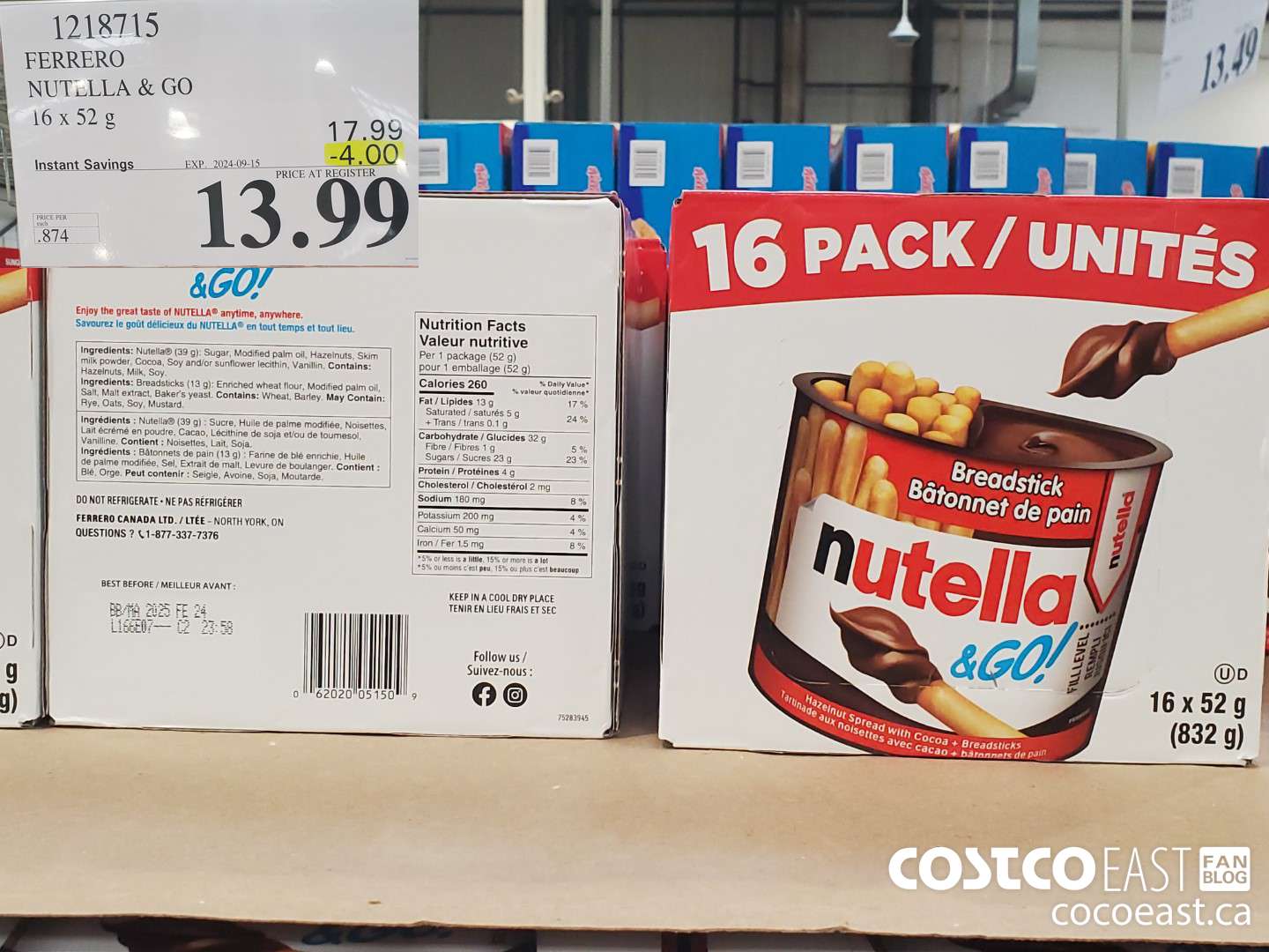 1218715 FERRERO NUTELLA & GO 16 x 52g  ($4.00 INSTANT SAVINGS EXPIRES ON 2024-09-15) $13.99