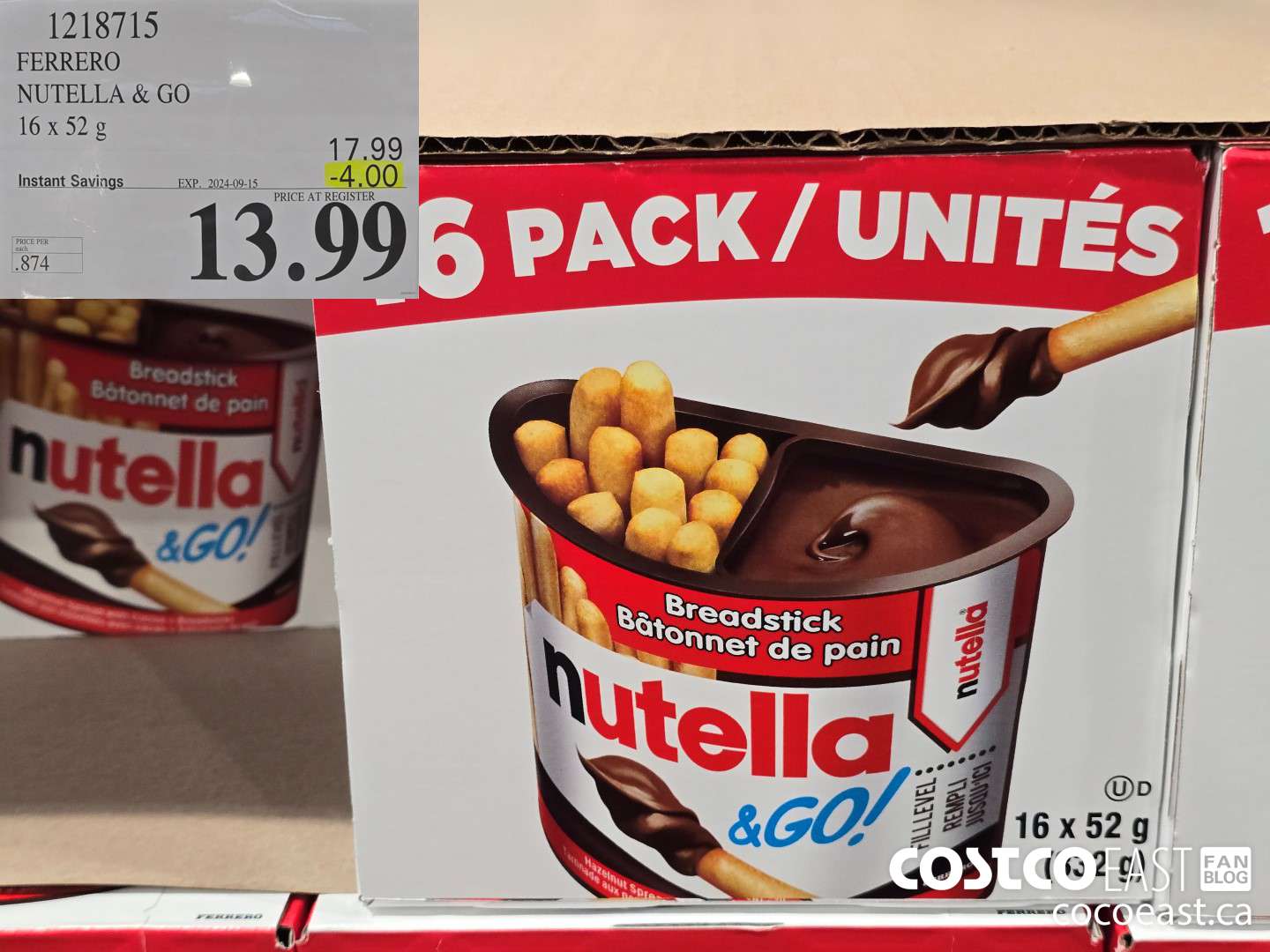 1218715 FERRERO NUTELLA & GO 16 x 52g  ($4.00 INSTANT SAVINGS EXPIRES ON 2024-09-15) $13.99