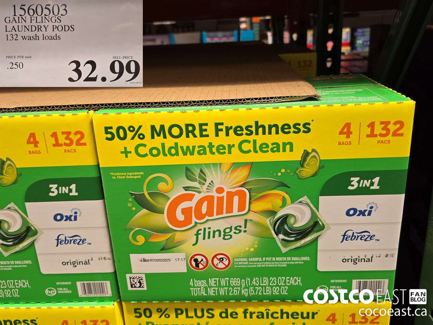 1560503 GAIN FLINGS LAUNDRY PODS 132 WASH LOADS $32.99