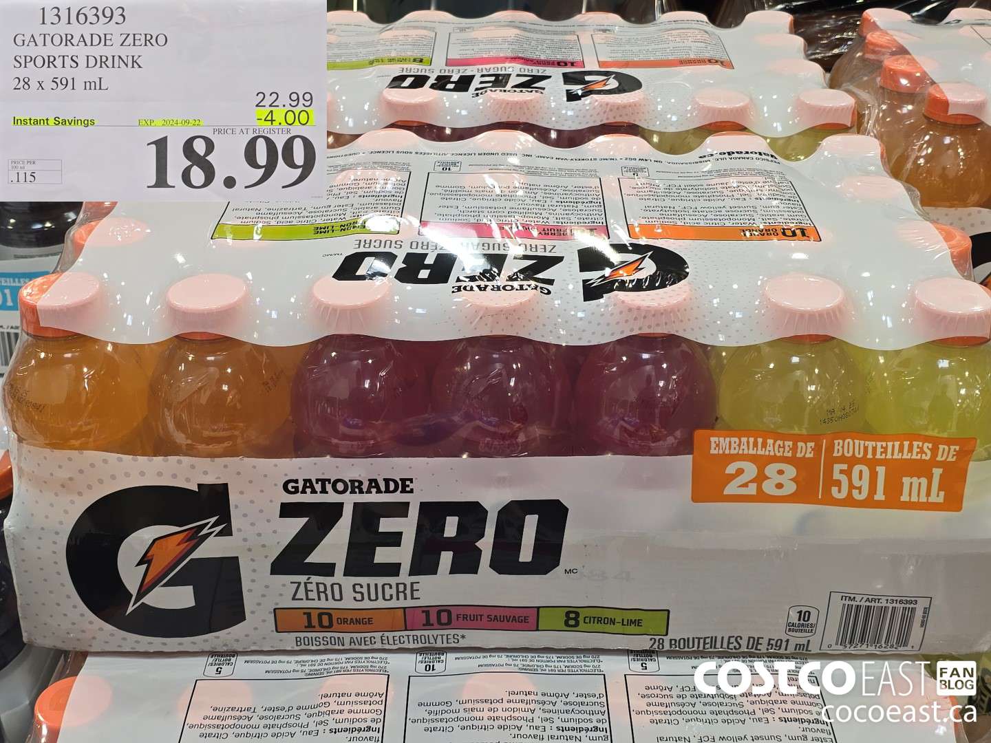 1316393 GATORADE ZERO SPORTS DRINK 28 x 591 ml ($4.00 INSTANT SAVINGS EXPIRES ON 2024-09-22) $18.99