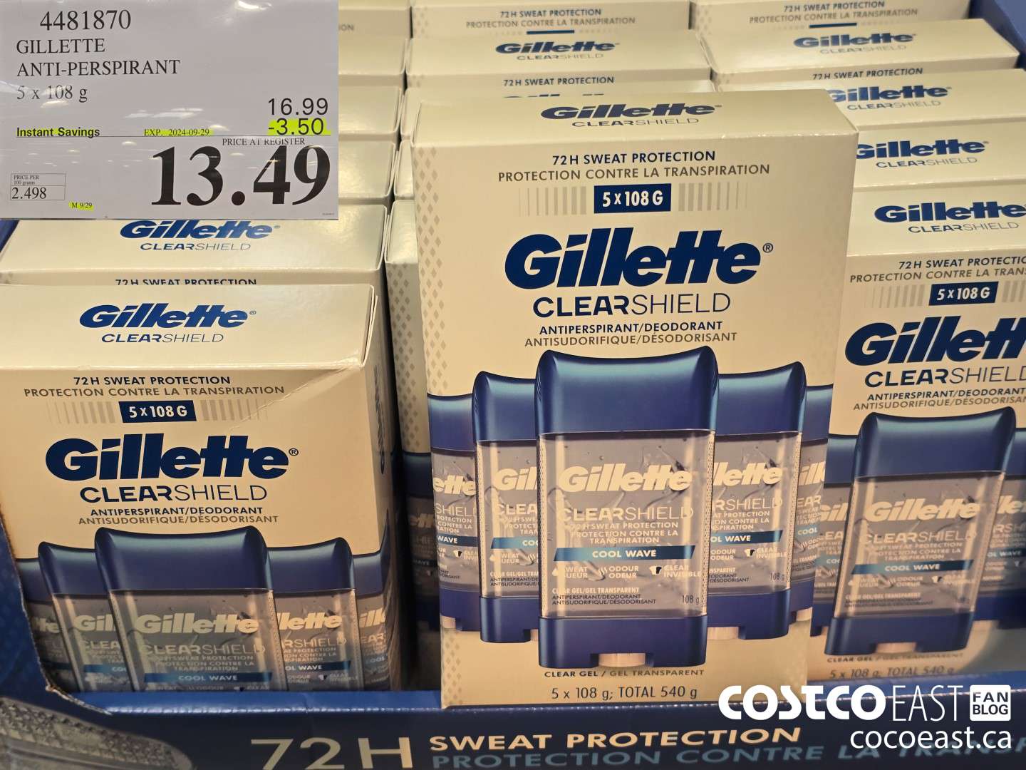4481870 GILLETTE ANTI-PERSPIRANT 5 x 108g ($3.50 INSTANT SAVINGS EXPIRES ON 2024-09-29) $13.49