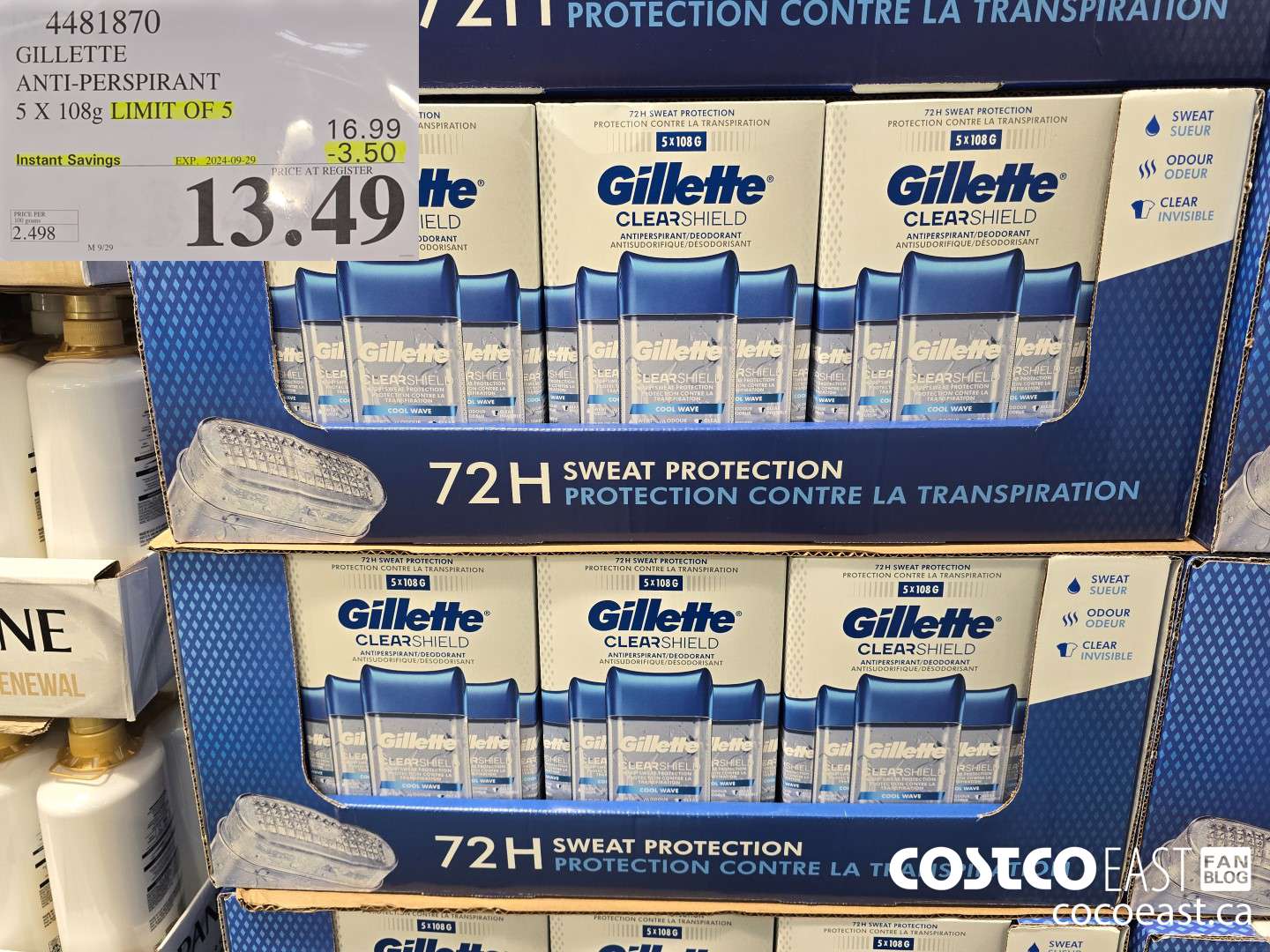 4481870 GILLETTE ANTI-PERSPIRANT 5 x 108g LIMIT OF 5 ($3.50 INSTANT SAVINGS EXPIRES ON 2024-09-29) $13.49