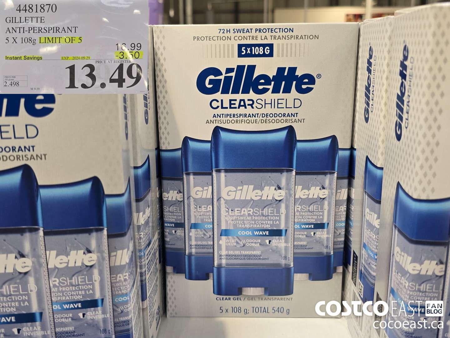 4481870 GILLETTE ANTI-PERSPIRANT 5 x 108g LIMIT OF 5 ($3.50 INSTANT SAVINGS EXPIRES ON 2024-09-29) $13.49