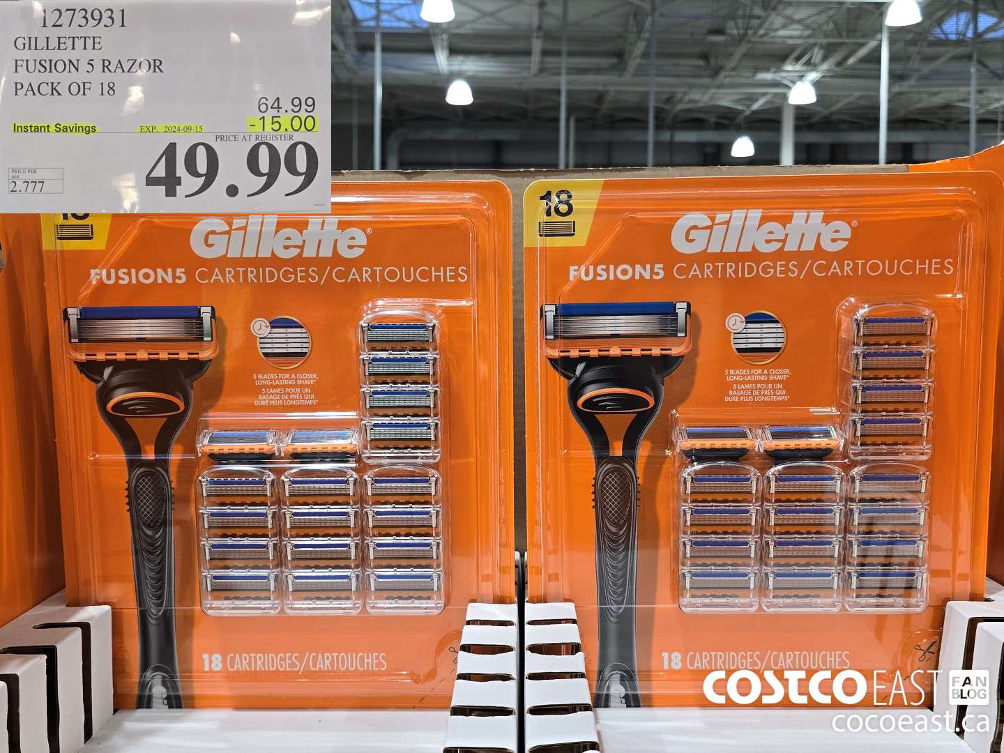 1273931 GILLETTE FUSION 5 CARTRIDGES PACK OF 18 ($15.00 INSTANT SAVINGS EXPIRES ON 2024-09-15) $49.99