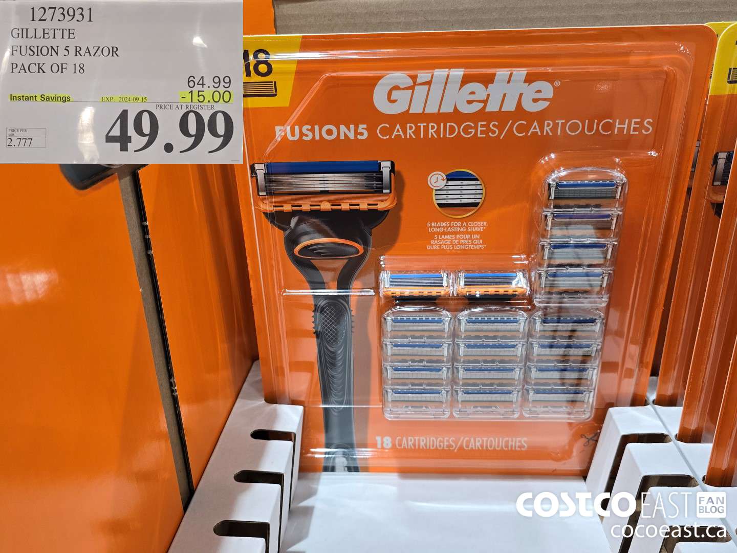 1273931 GILLETTE FUSION 5 CARTRIDGES PACK OF 18 ($15.00 INSTANT SAVINGS EXPIRES ON 2024-09-15) $49.99