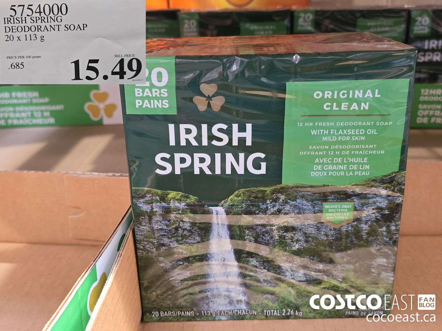 5754000 IRISH SPRING DEODORANT SOAP 20 X 113 G $15.49