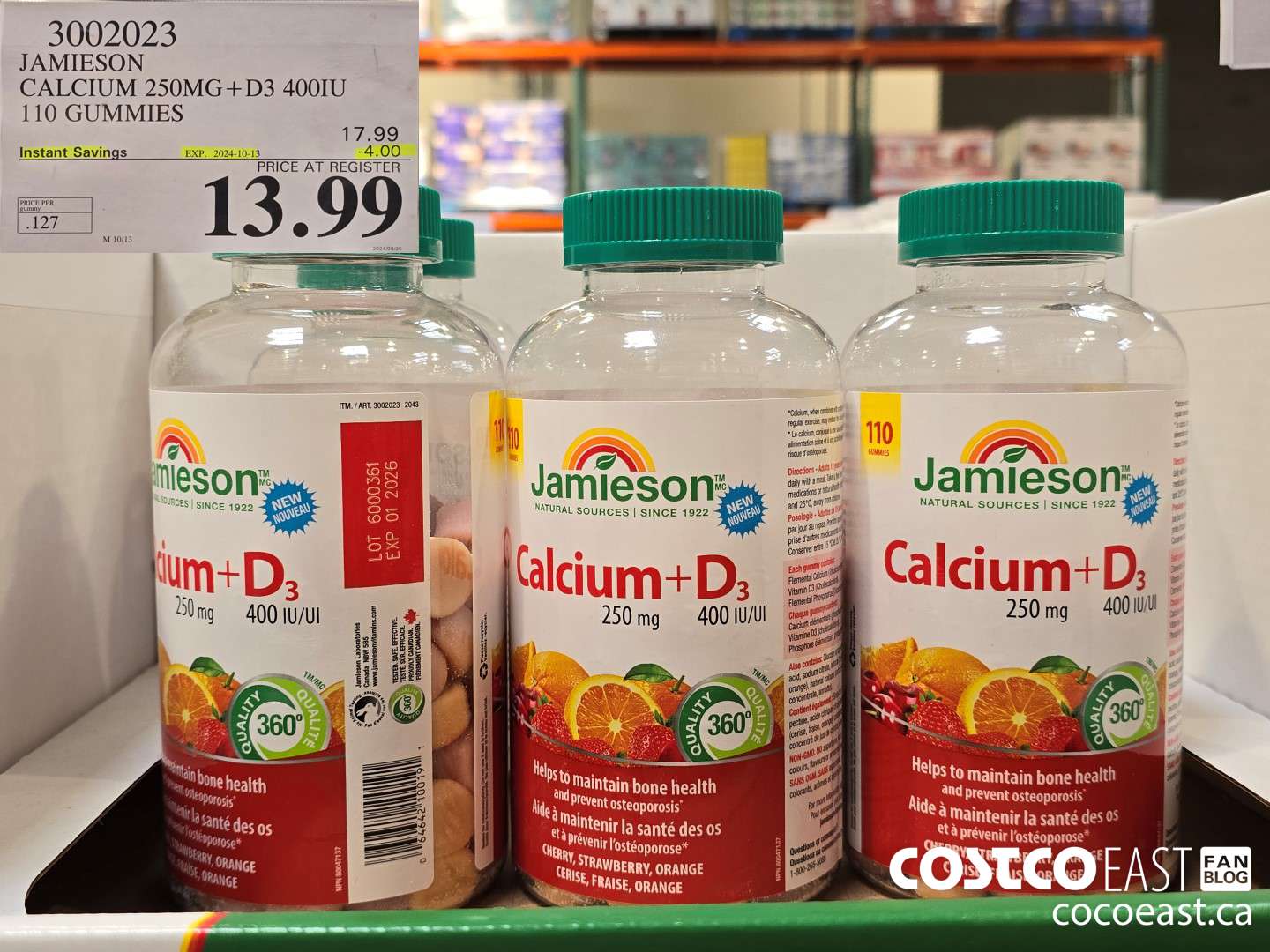 3002023 JAMIESON CALCIUM 250MG+D3 400IU 110 GUMMIES ($4.00 INSTANT SAVINGS EXPIRES ON 2024-10-16) $13.99