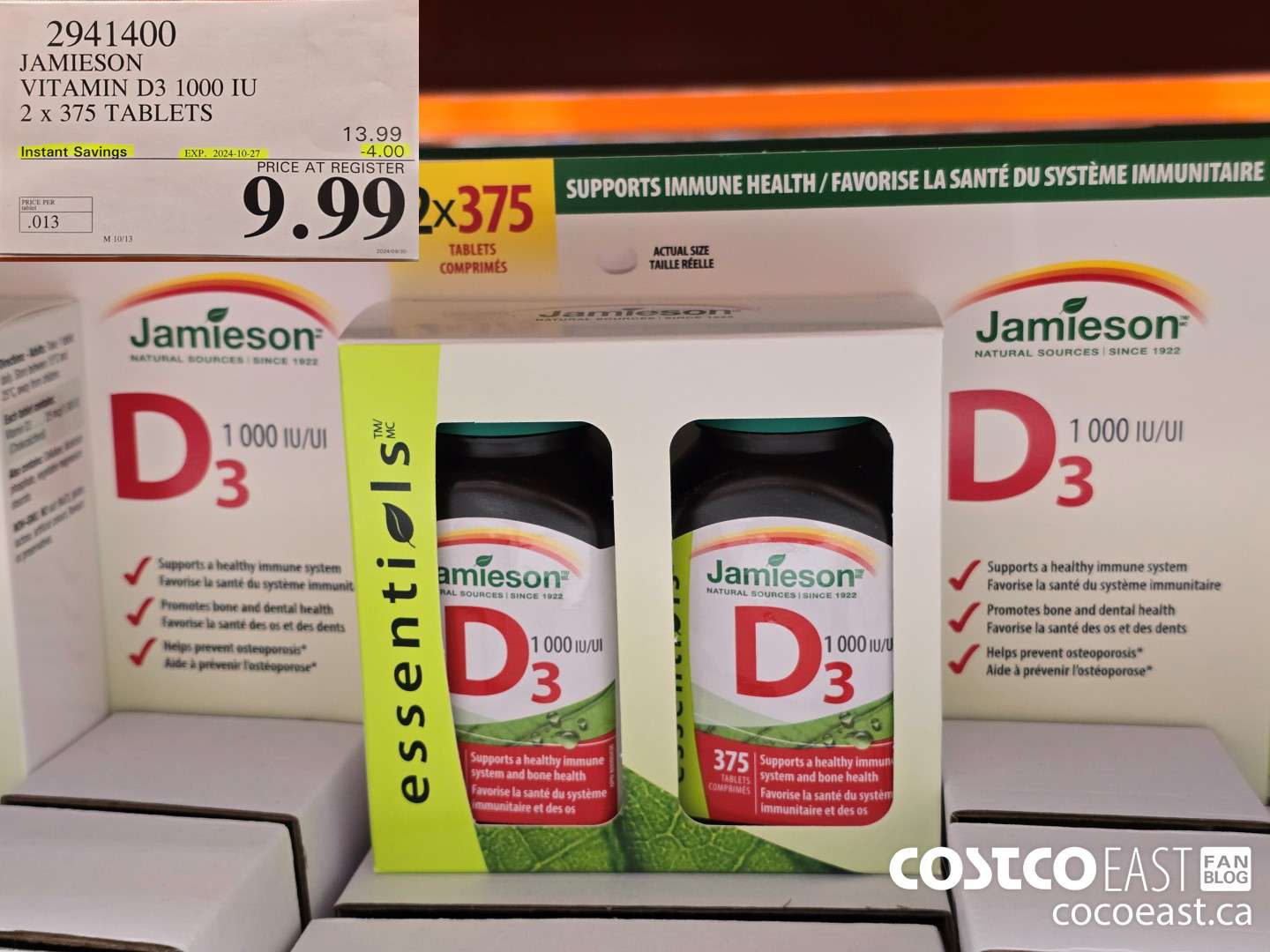 2941400 JAMIESON VITAMIN D3 1000 IU 2 X 375 TABLETS ($4.00 INSTANT SAVINGS EXPIRES ON 2024-10-27) $9.99