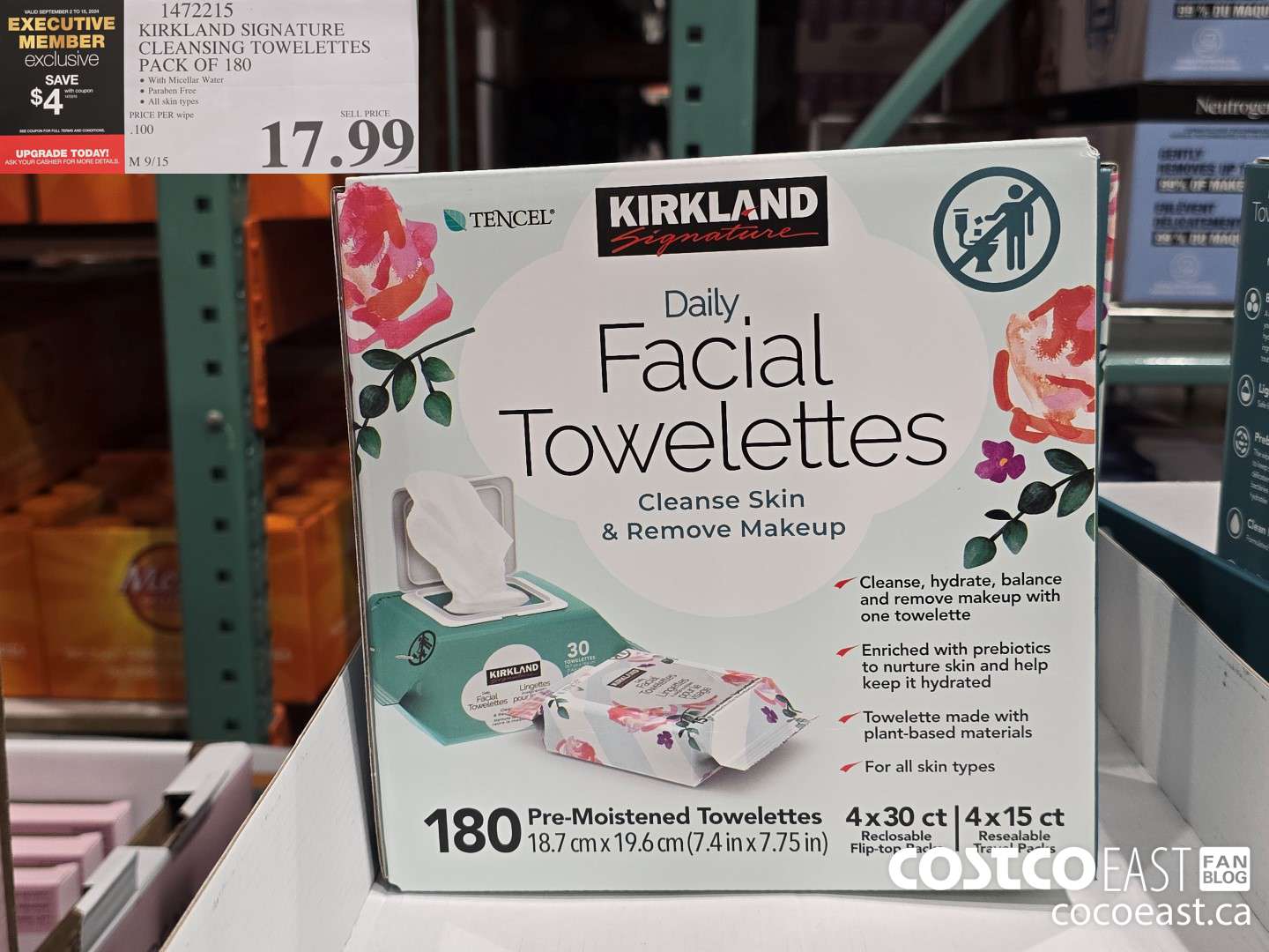 1472215 KIRKLAND SIGNATURE CLEANSING TOWELETTES PACK OF 180 ($4.00 INSTANT SAVINGS EXPIRES ON 2024-09-15) $13.99