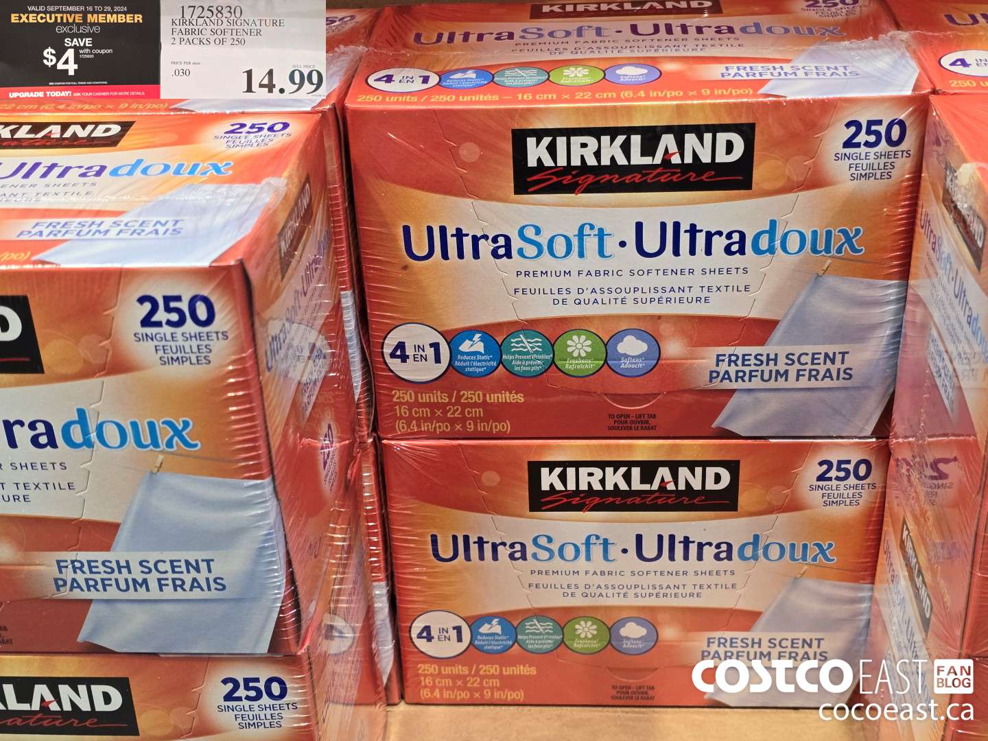 1725830 KIRKLAND SIGNATURE FABRIC SOFTENER 2 PACKS OF 250 ($4.00 INSTANT SAVINGS EXPIRES ON 2024-09-29) $14.99