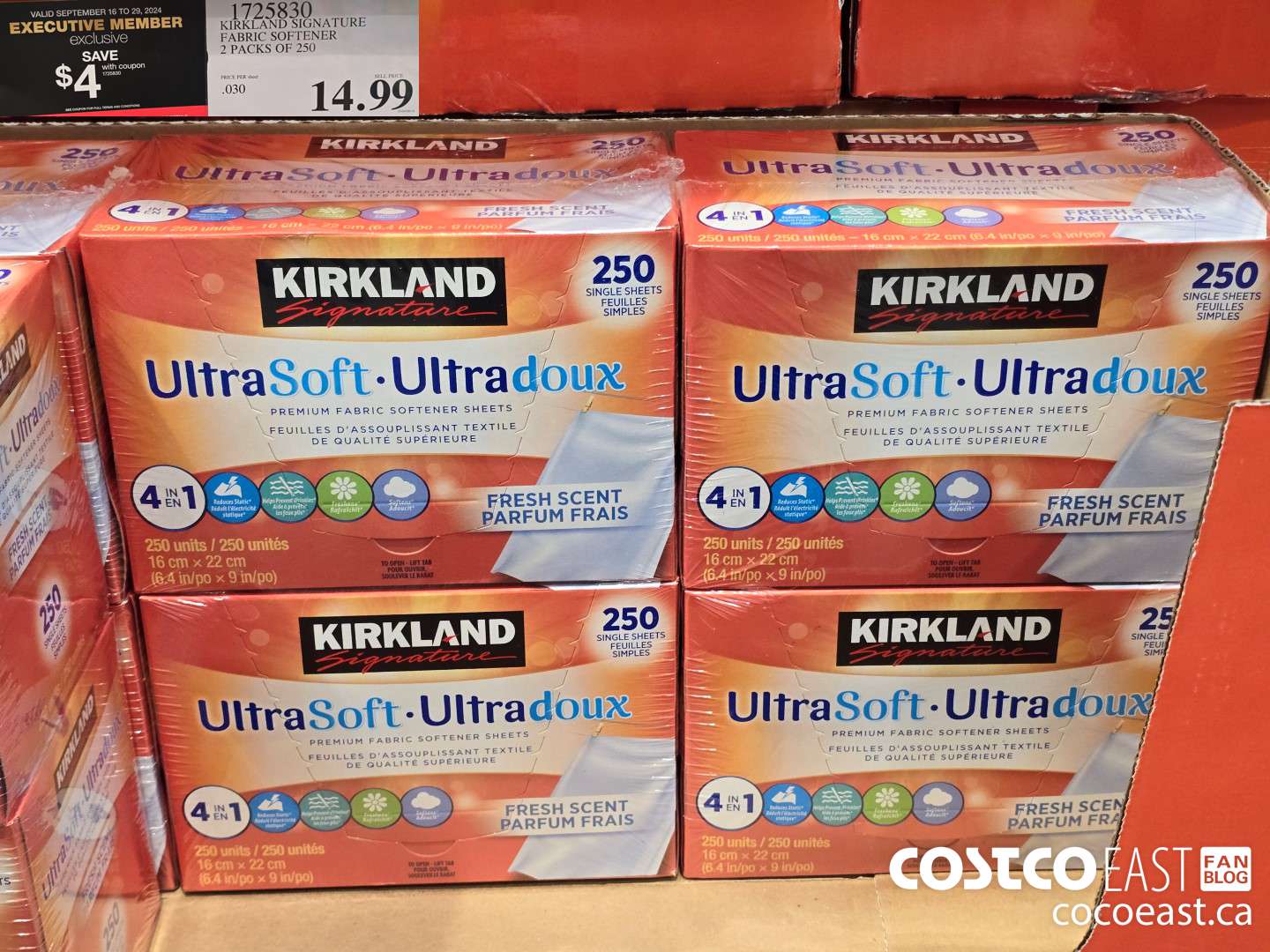 1725830 KIRKLAND SIGNATURE FABRIC SOFTENER 2 PACKS OF 250 ($4.00 INSTANT SAVINGS EXPIRES ON 2024-09-29) $9.99