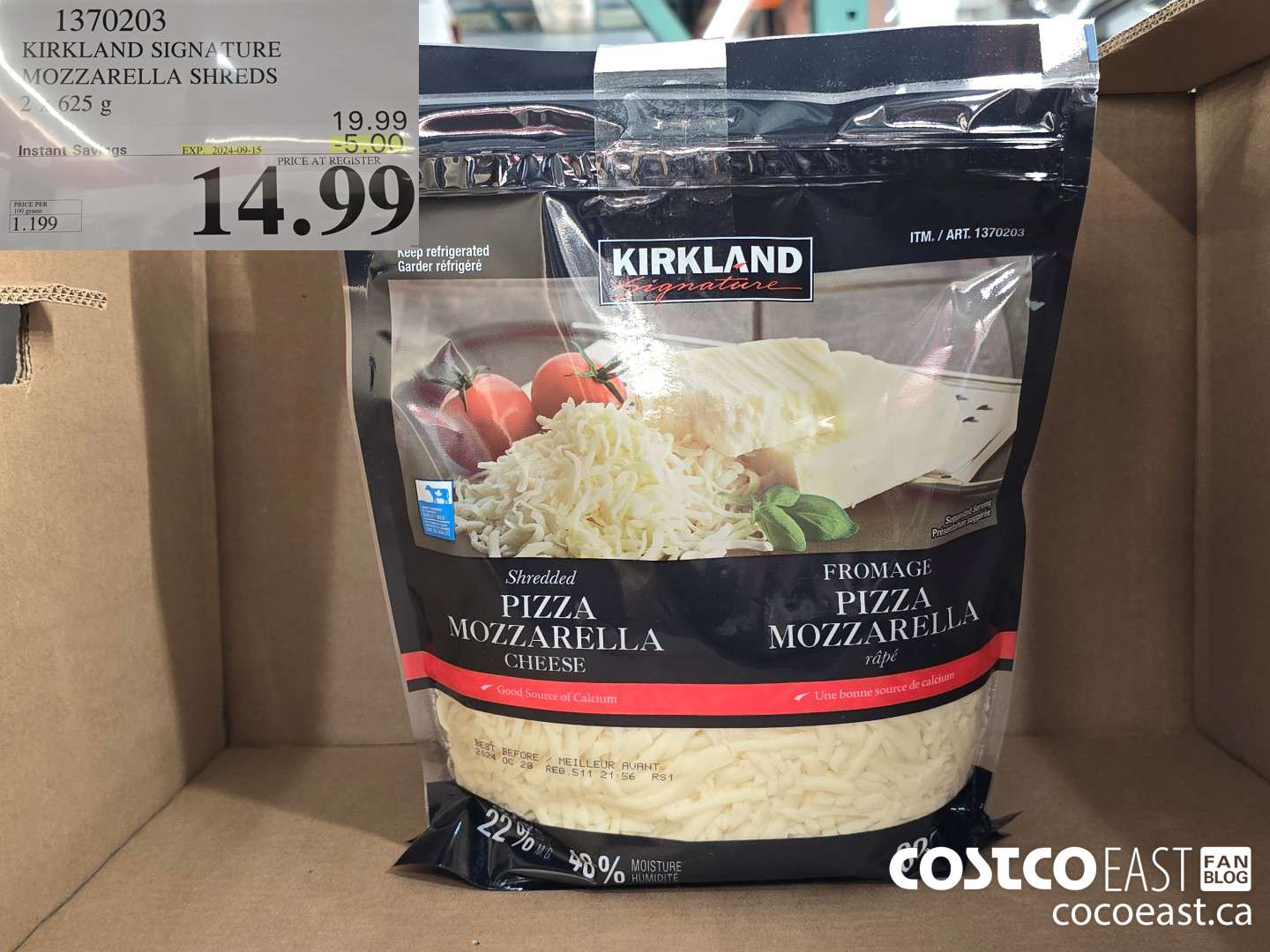 1370203 KIRKLAND SIGNATURE MOZZARELLA SHREDS 2 X 625G ($5.00 INSTANT SAVINGS EXPIRES ON 2024-09-15) $14.99