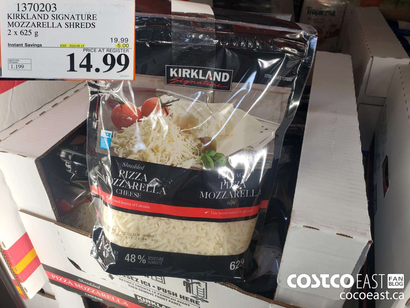 1370203 KIRKLAND SIGNATURE MOZZARELLA SHREDS 2 X 625G ($5.00 INSTANT SAVINGS EXPIRES ON 2024-09-15) $14.99
