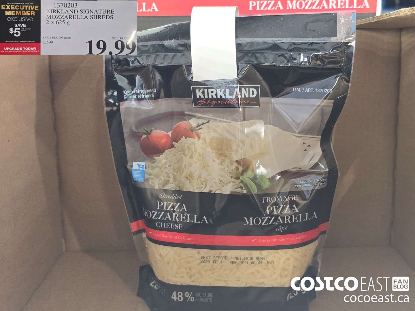 1370203 KIRKLAND SIGNATURE MOZZARELLA SHREDS 2 X 625G ($5.00 INSTANT SAVINGS EXPIRES ON 2024-09-15) $14.99
