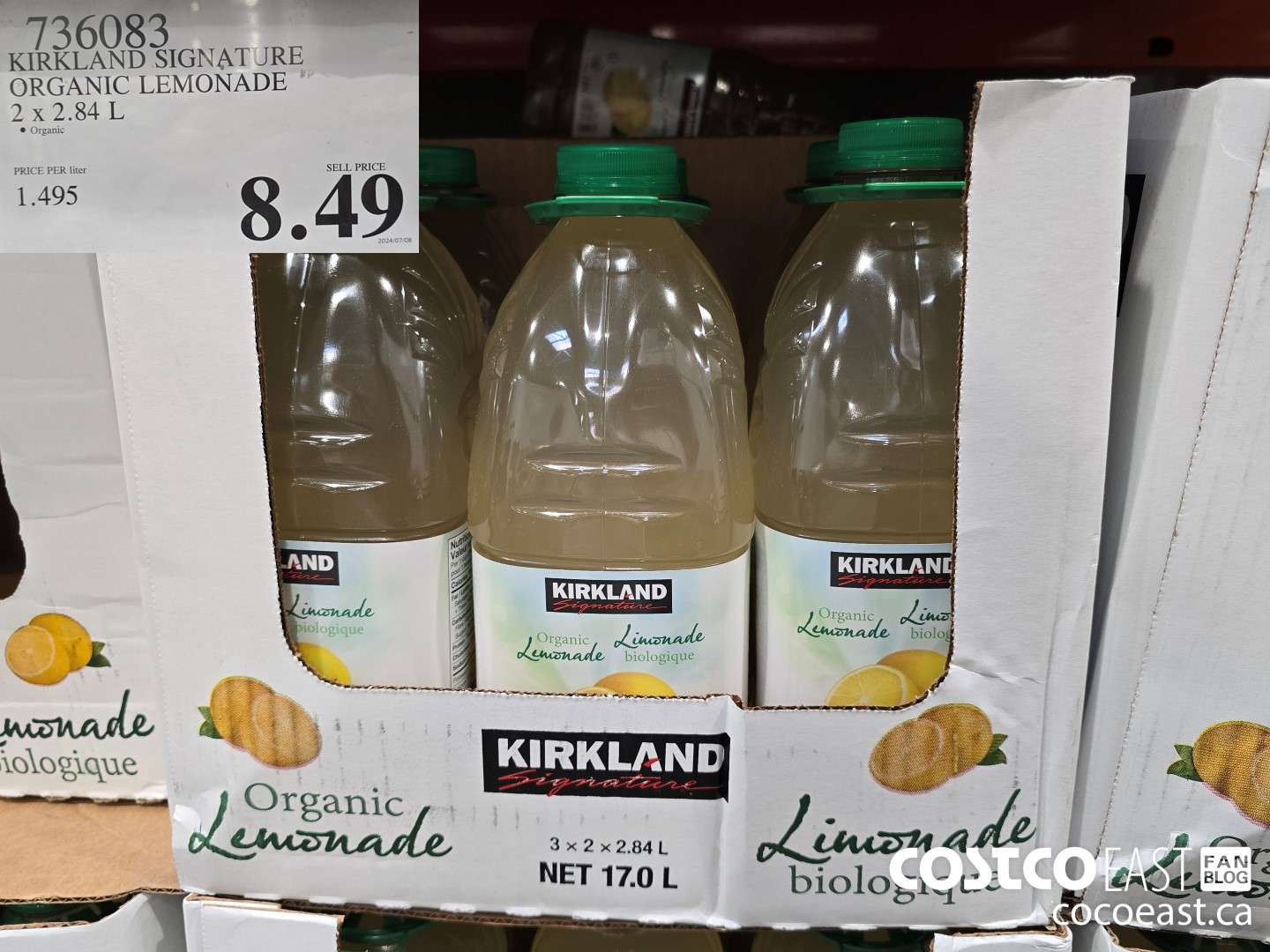 736083 KIRKLAND SIGNATURE ORGANIC LEMONADE 2 X 2.84L $8.49