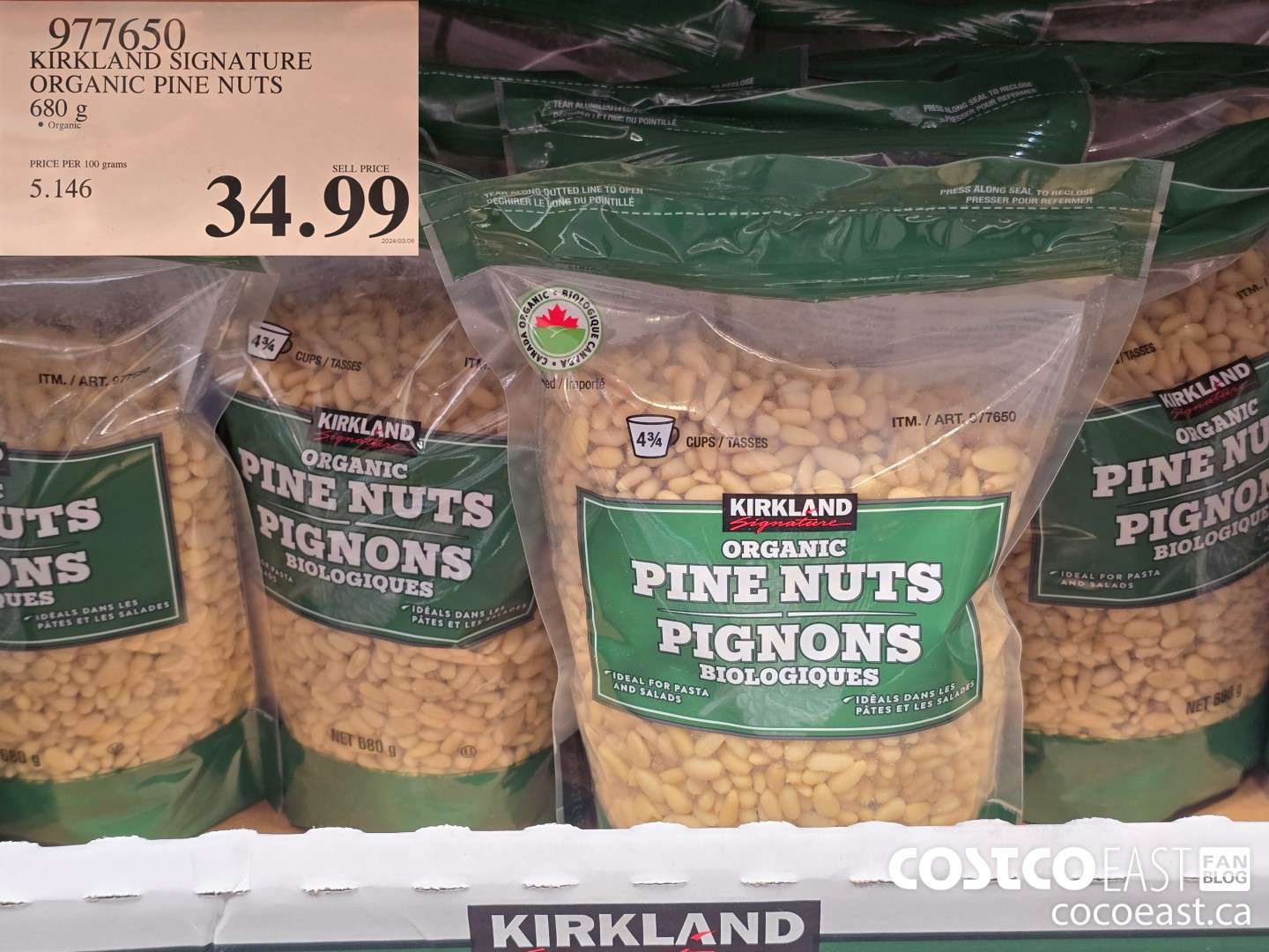 977650 KIRKLAND SIGNATURE ORGANIC PINE NUTS 680 G $34.99