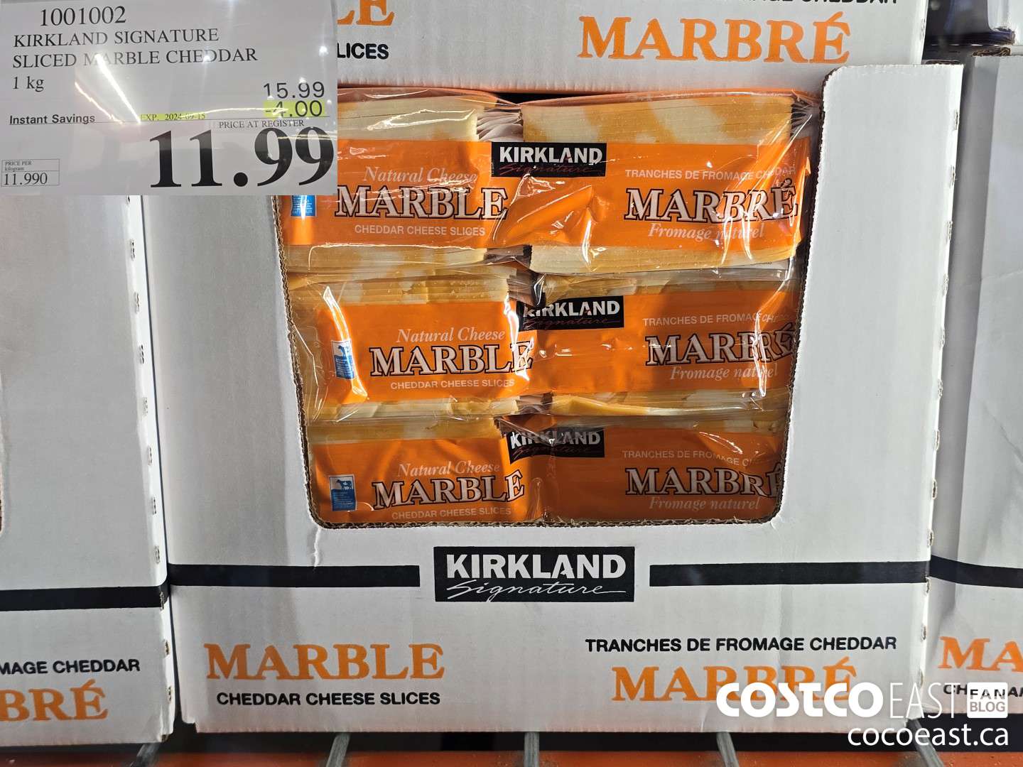 1001002 KIRKLAND SIGNATURE SLICED MARBLE CHEDDAR 1 KG ($4.00 INSTANT SAVINGS EXPIRES ON 2024-09-15) $11.99