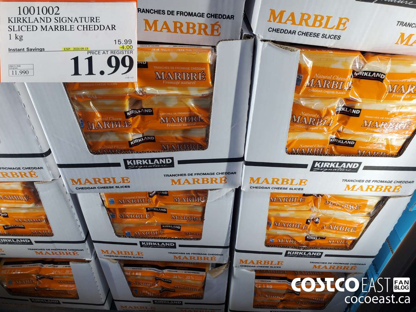 1001002 KIRKLAND SIGNATURE SLICED MARBLE CHEDDAR 1 KG ($4.00 INSTANT SAVINGS EXPIRES ON 2024-09-15) $11.99