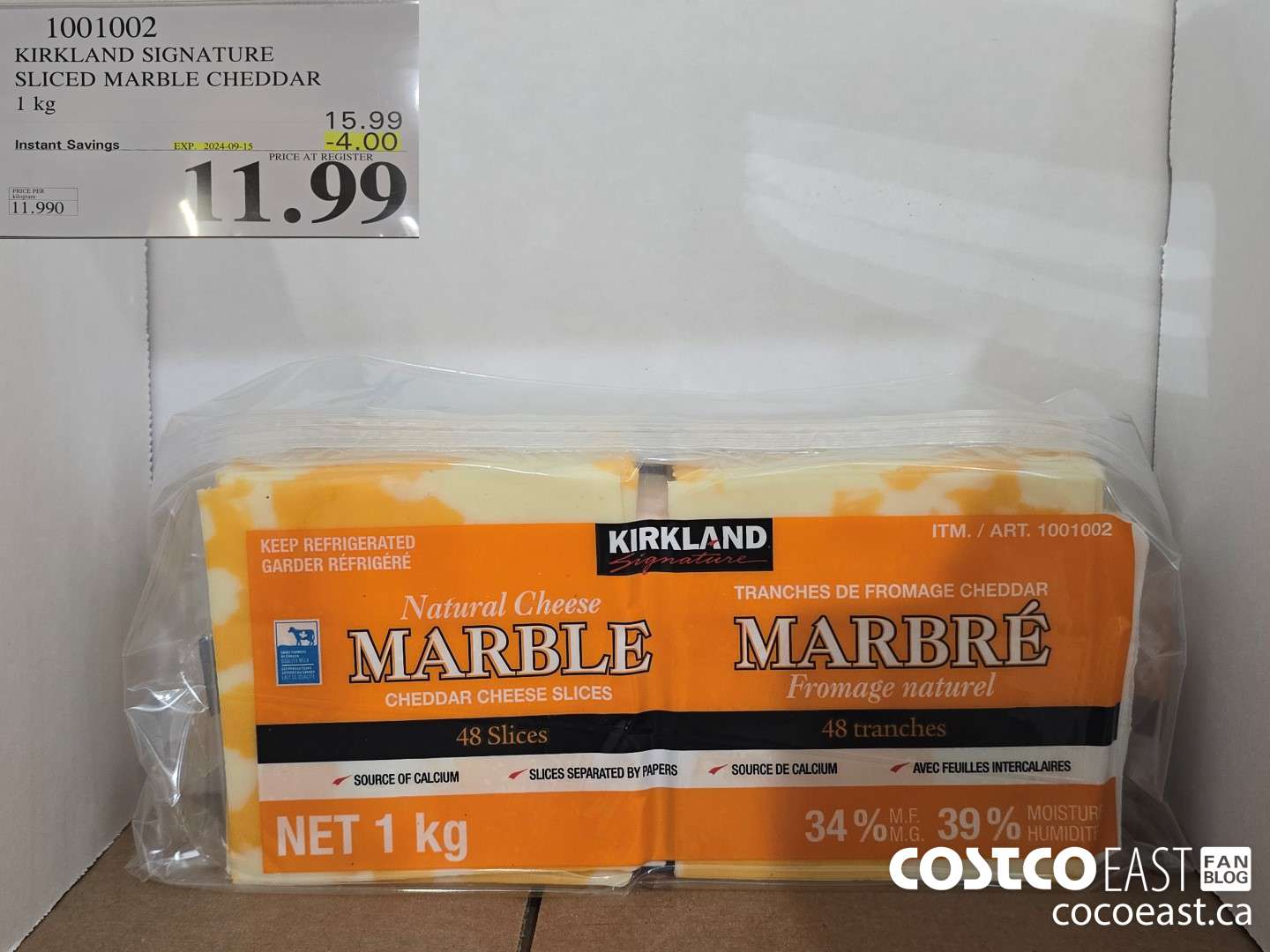 1001002 KIRKLAND SIGNATURE SLICED MARBLE CHEDDAR 1 KG ($4.00 INSTANT SAVINGS EXPIRES ON 2024-09-15) $11.99