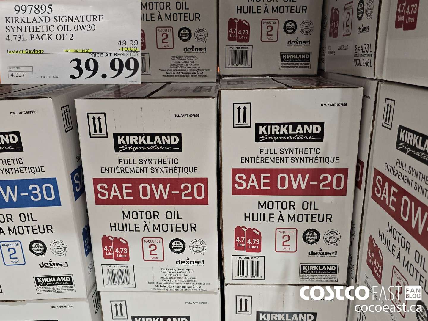 997895 KIRKLAND SIGNATURE SYNTHETIC OIL 0W20 4.73L PACK OF 2 ($10.00 INSTANT SAVINGS EXPIRES ON 2024-10-27) $39.99
