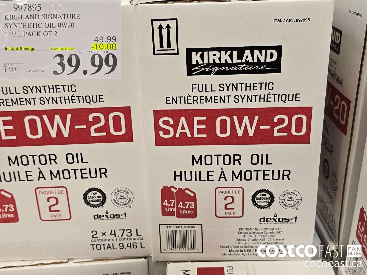 997895 KIRKLAND SIGNATURE SYNTHETIC OIL 0W20 4.73L PACK OF 2 ($10.00 INSTANT SAVINGS EXPIRES ON 2024-10-27) $39.99