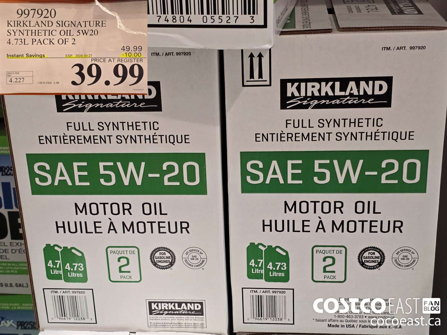 997920 KIRKLAND SIGNATURE SYNTHETIC OIL 5W20 4.73L PACK OF 2 ($10.00 INSTANT SAVINGS EXPIRES ON 2024-10-27) $39.99