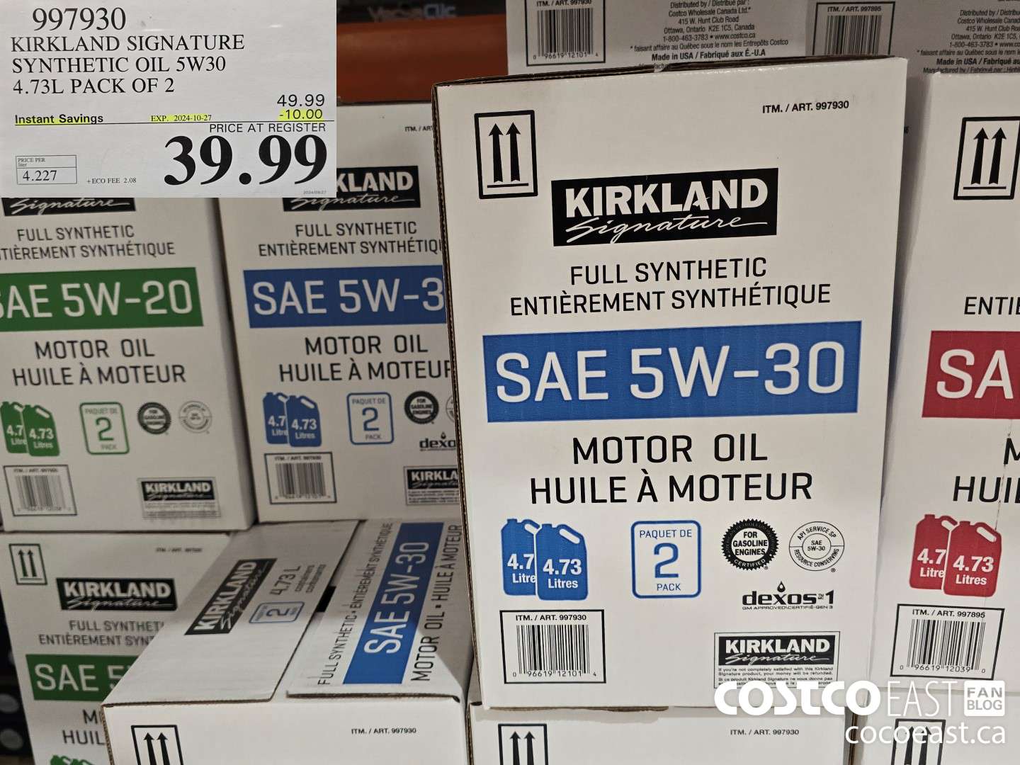 997930 KIRKLAND SIGNATURE SYNTHETIC OIL 5W-30 4.73L PACK OF 2 ($10.00 INSTANT SAVINGS EXPIRES ON 2024-10-27) $39.99