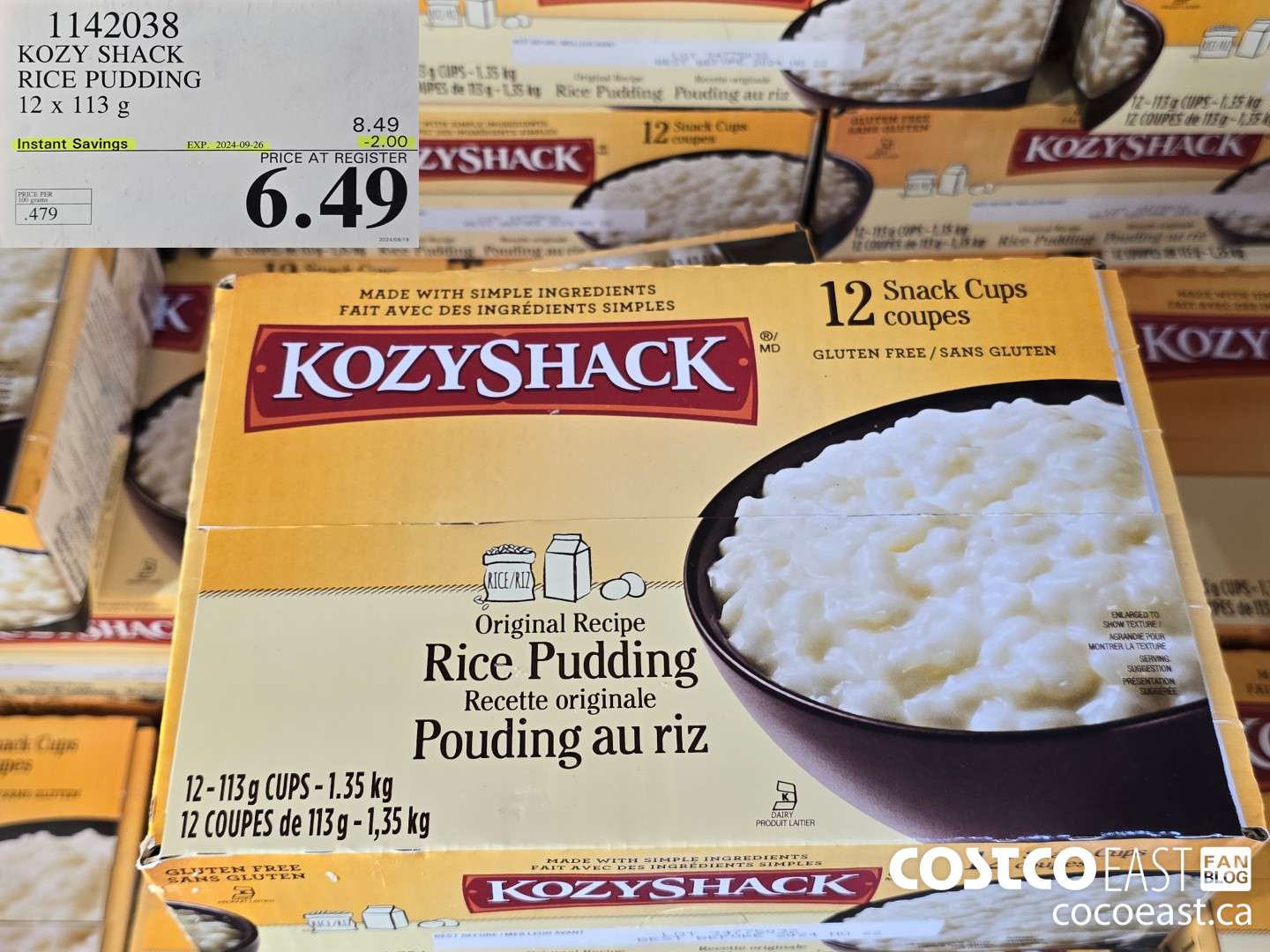 1142038 KOZY SHACK RICE PUDDING 12 x 113G ($2.00 INSTANT SAVINGS EXPIRES ON 2024-09-26) $6.49